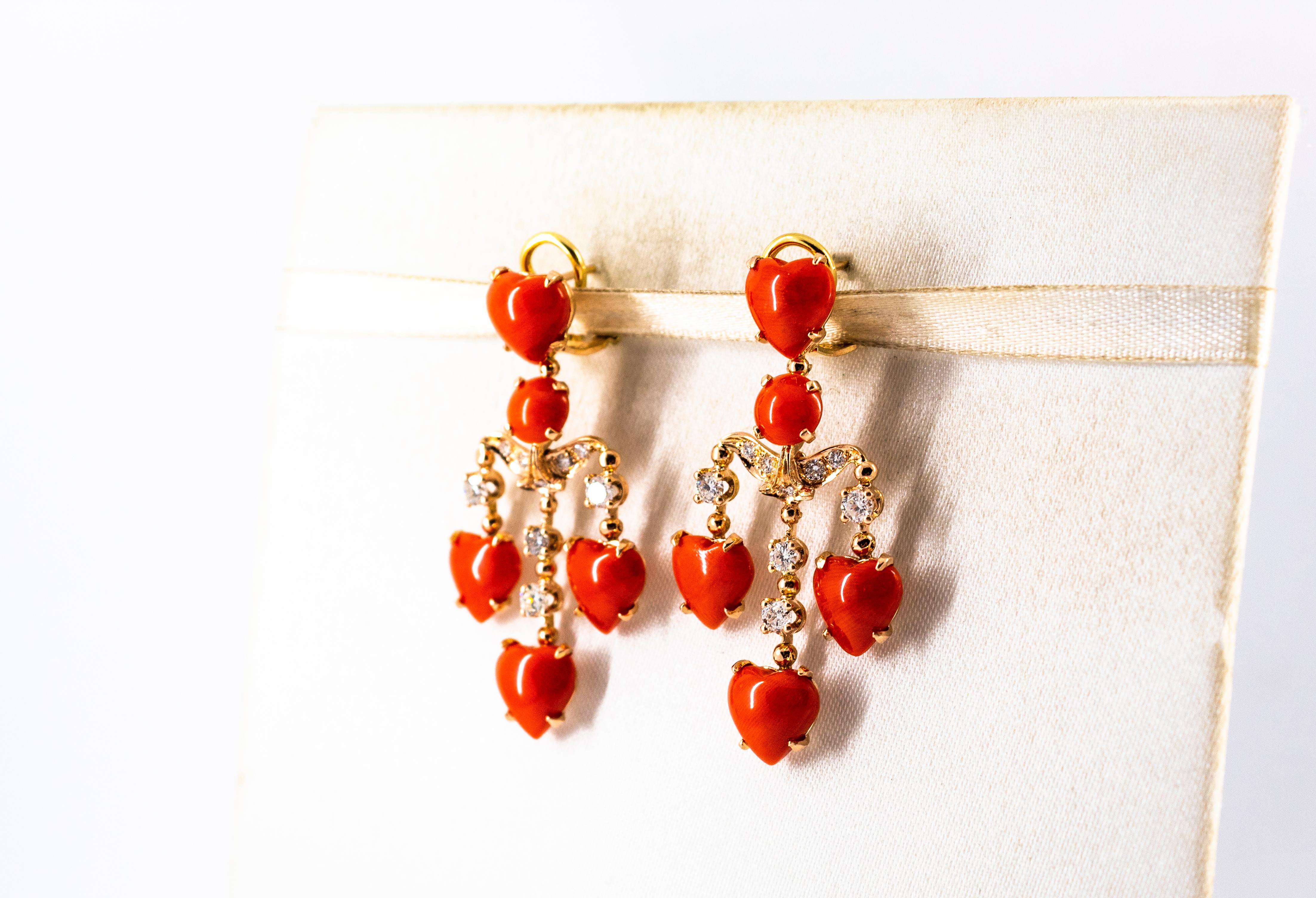 Mediterranean Red Coral 0.90 Carat White Diamond Yellow Gold Clip-On Earrings 2