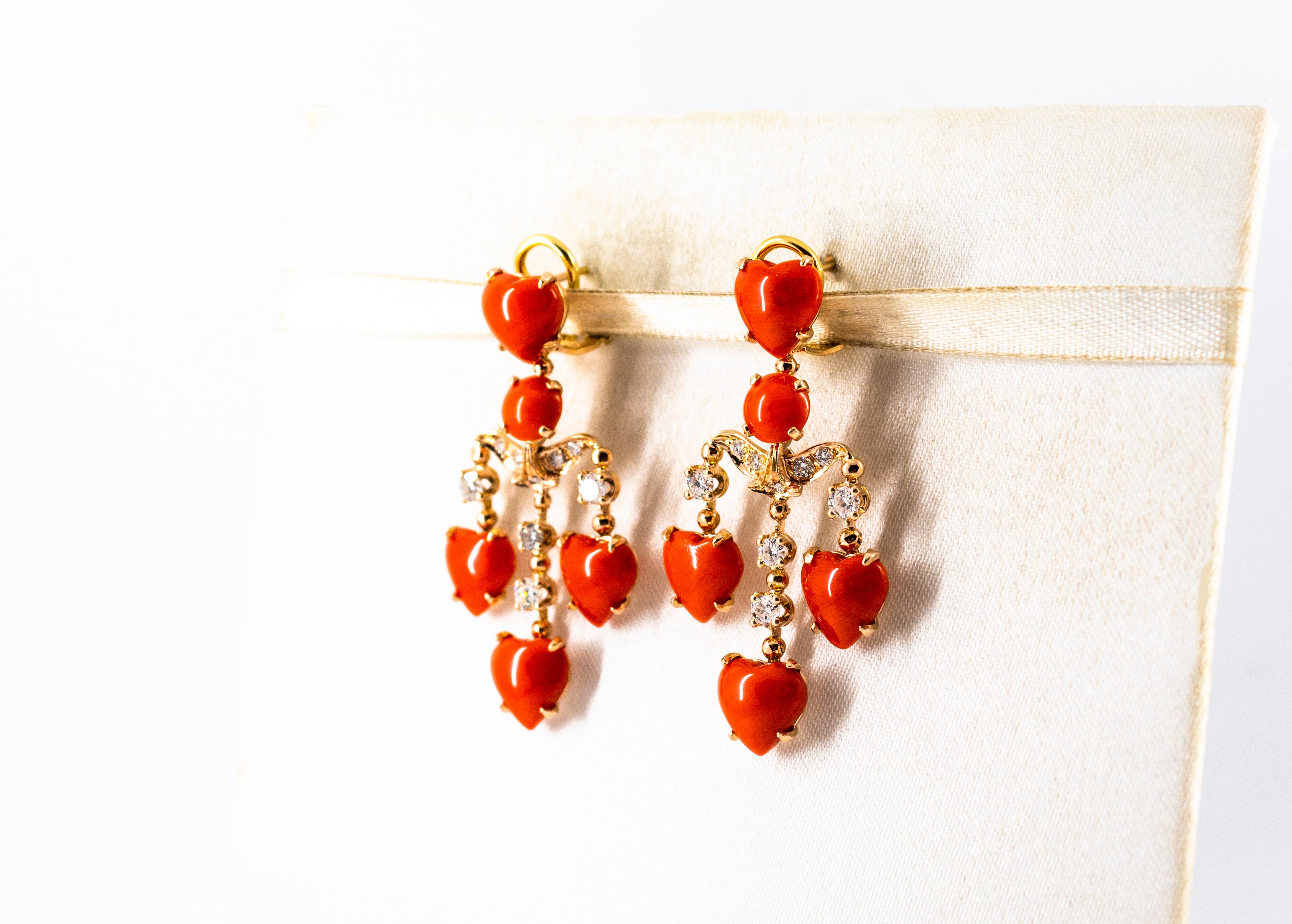 Mediterranean Red Coral 0.90 Carat White Diamond Yellow Gold Clip-On Earrings 3