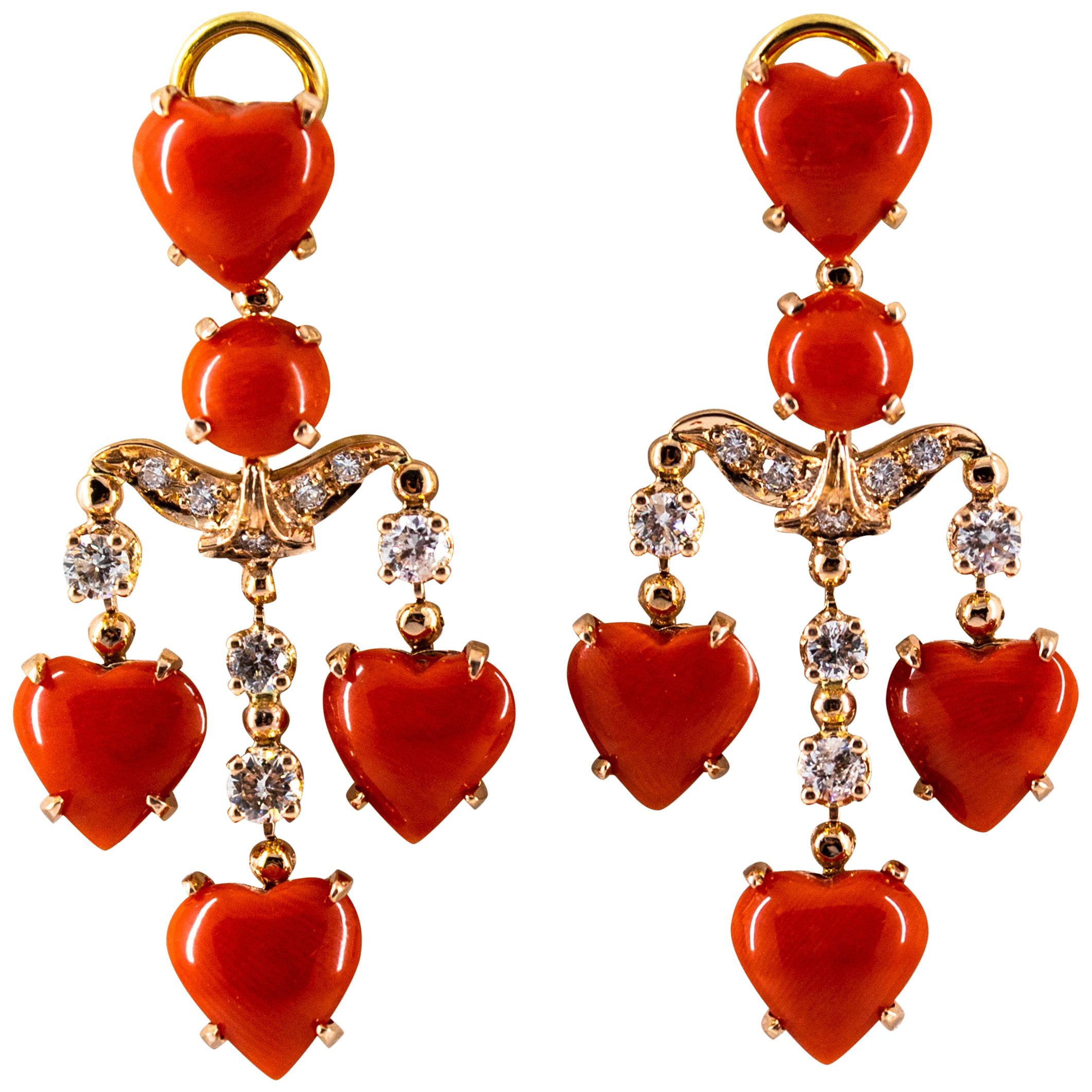 Mediterranean Red Coral 0.90 Carat White Diamond Yellow Gold Clip-On Earrings
