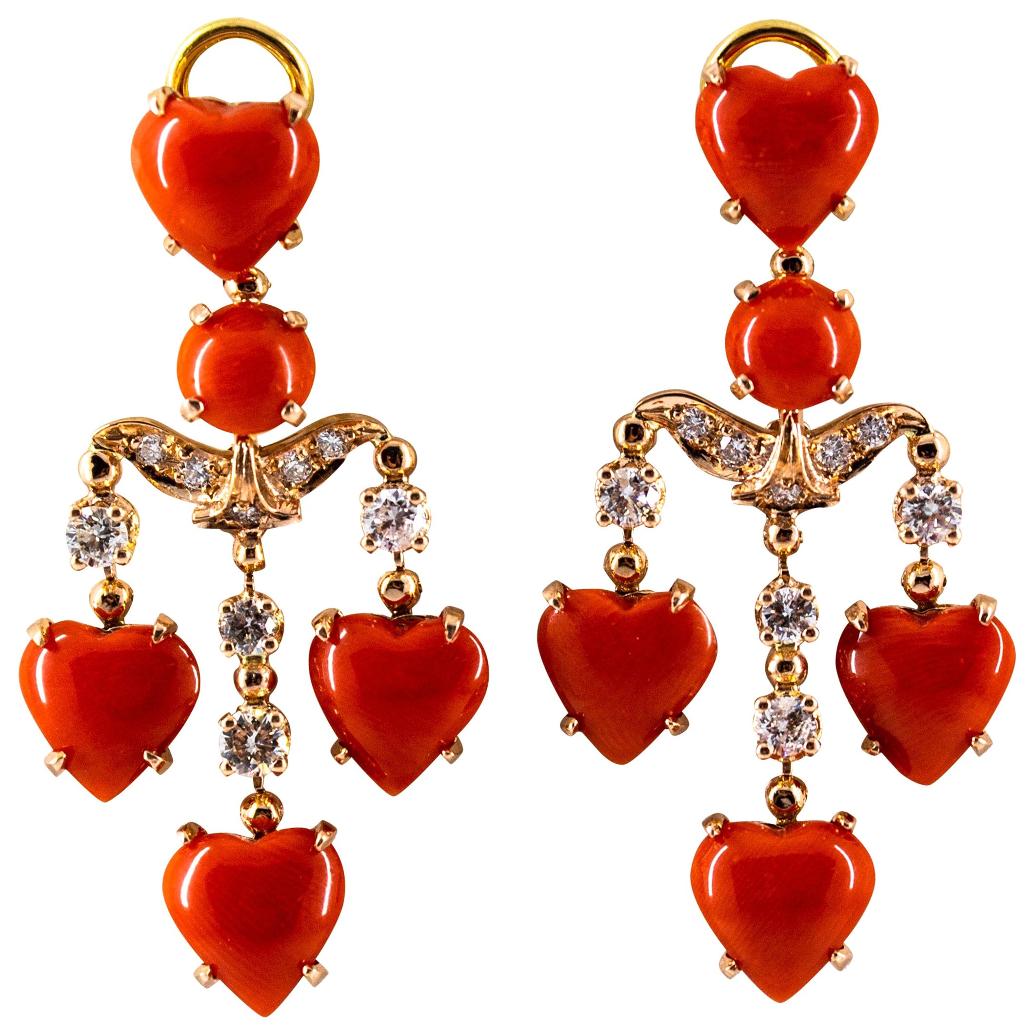 Mediterranean Red Coral 0.90 Carat White Diamond Yellow Gold Clip-On Earrings For Sale
