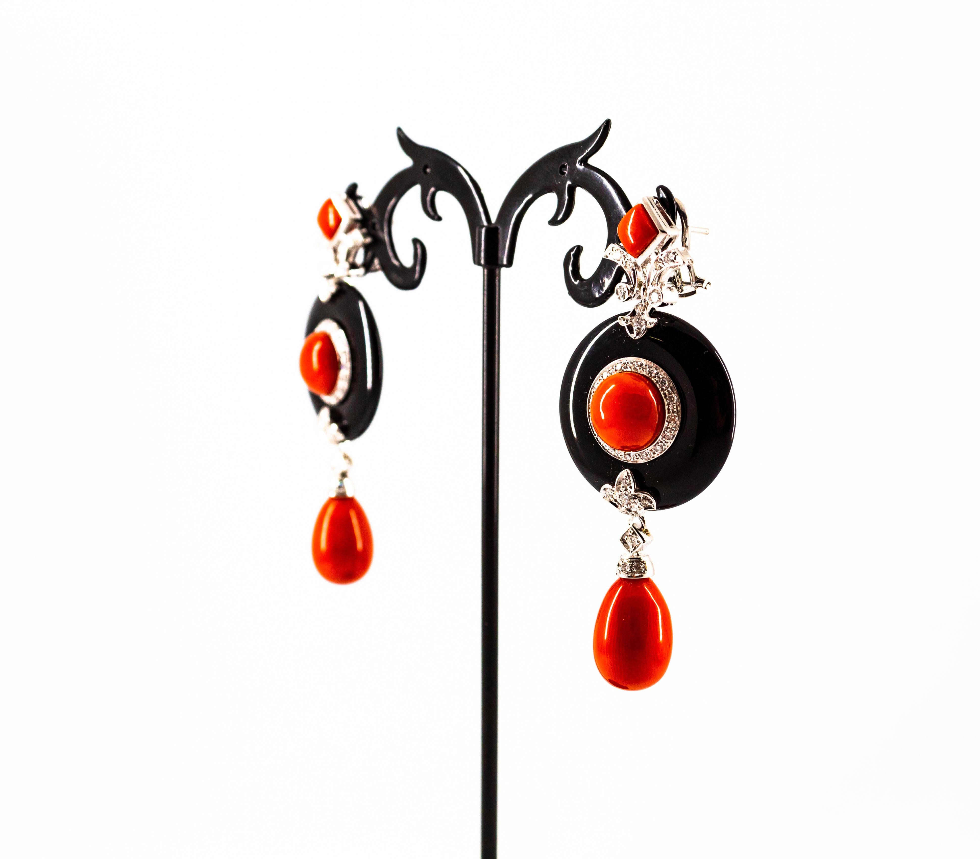 Mediterranean Red Coral 0.95 Carat White Diamond Onyx White Gold Drop Earrings For Sale 4