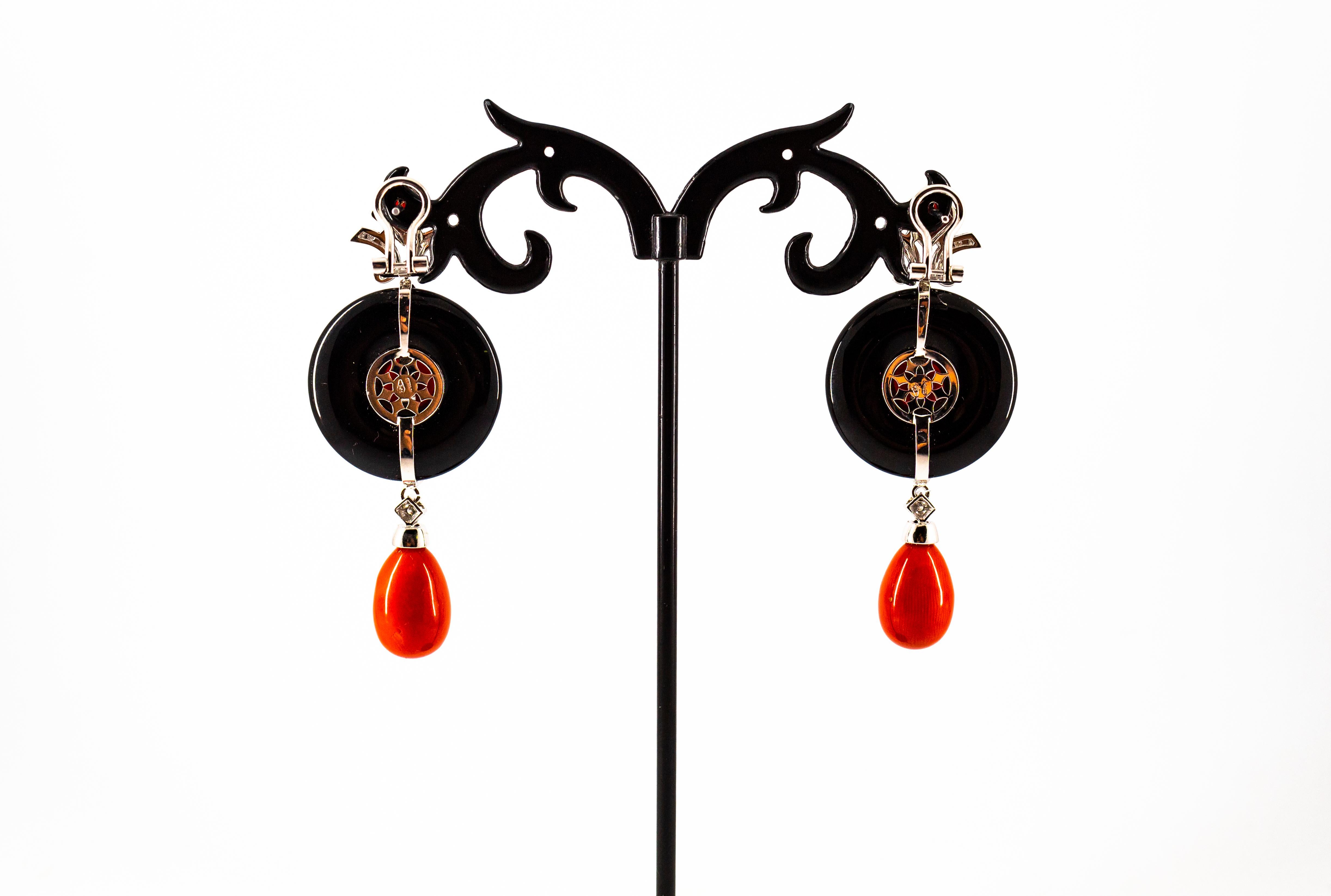 Mediterranean Red Coral 0.95 Carat White Diamond Onyx White Gold Drop Earrings For Sale 5