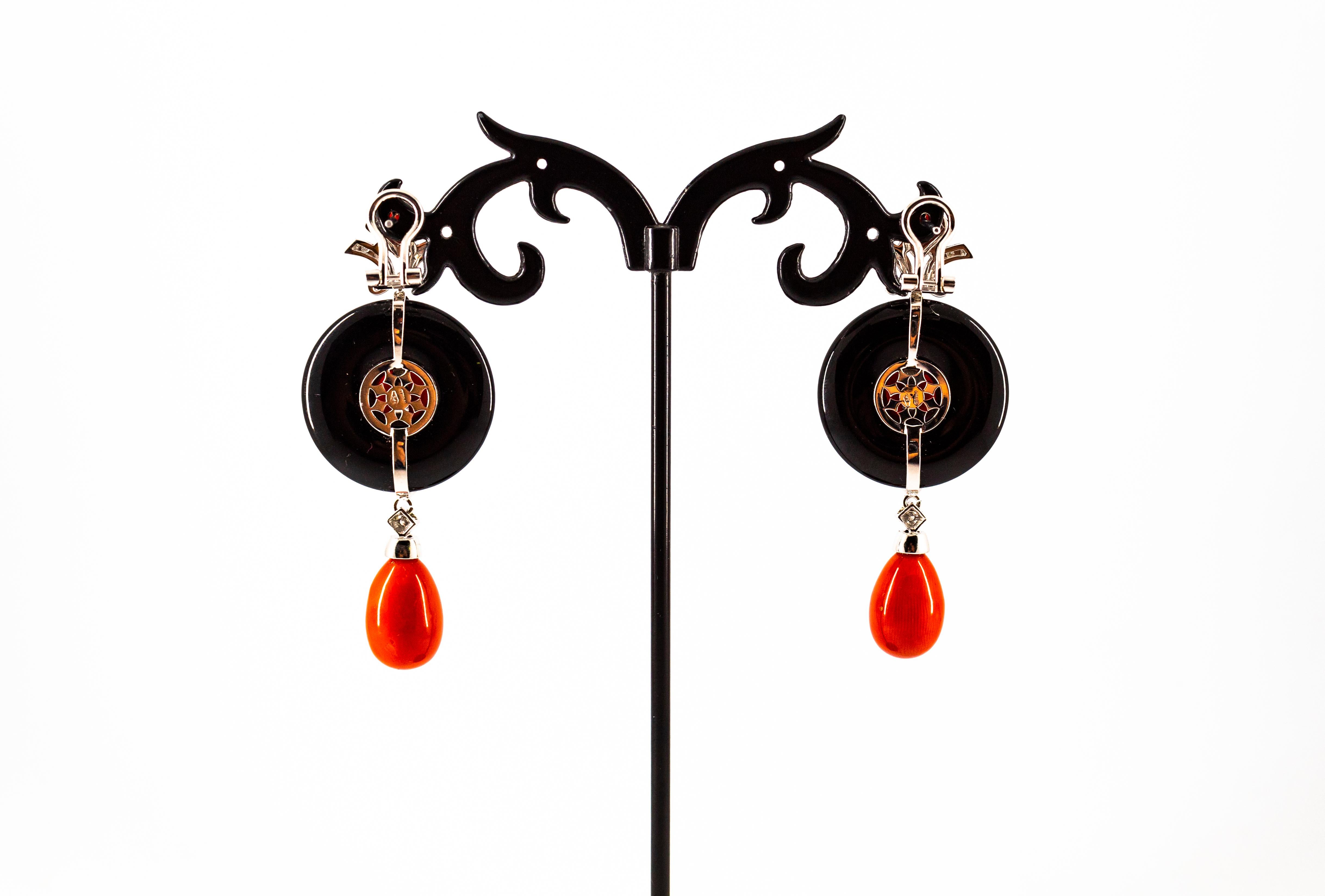 Mediterranean Red Coral 0.95 Carat White Diamond Onyx White Gold Drop Earrings For Sale 6
