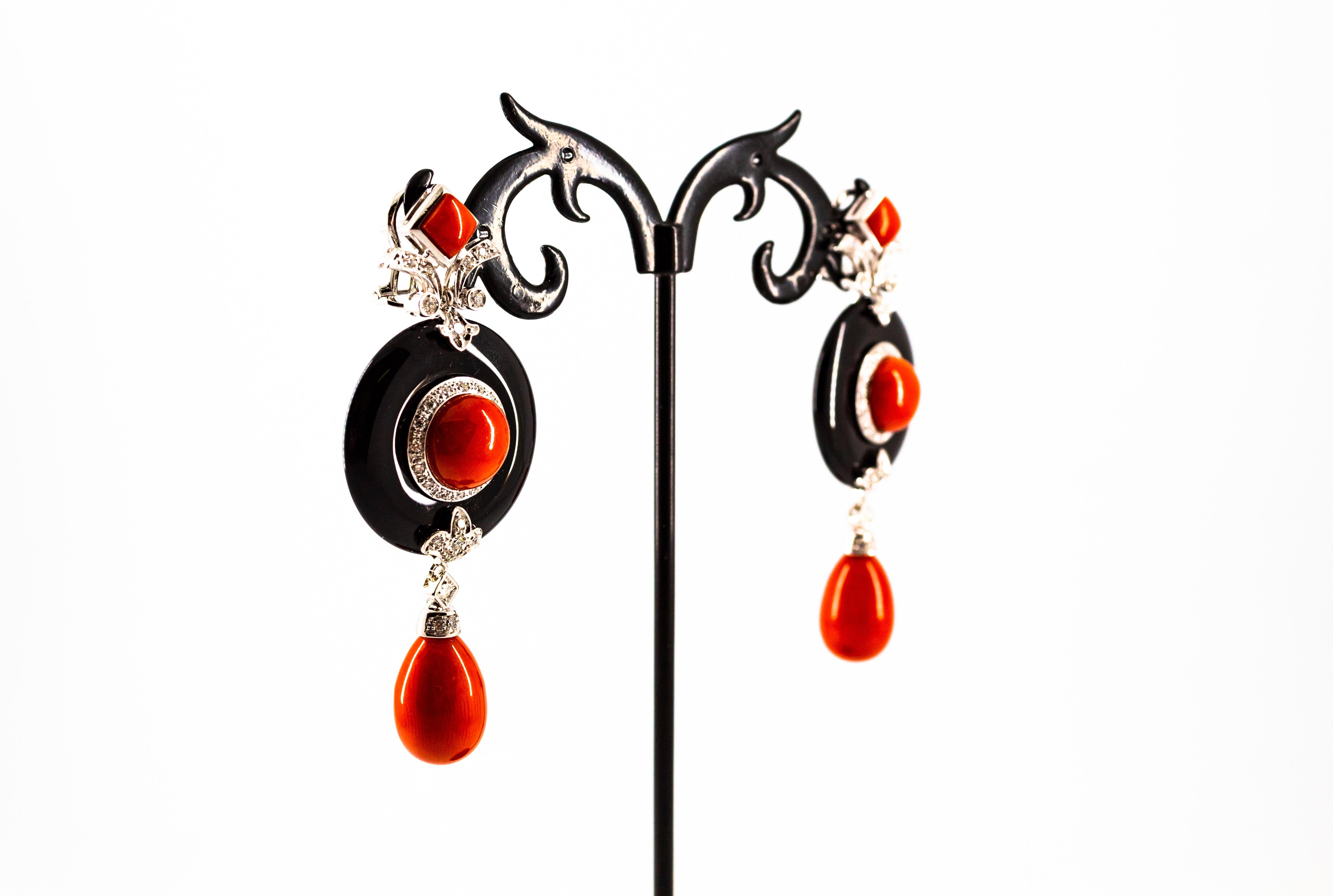 Mediterranean Red Coral 0.95 Carat White Diamond Onyx White Gold Drop Earrings For Sale 7