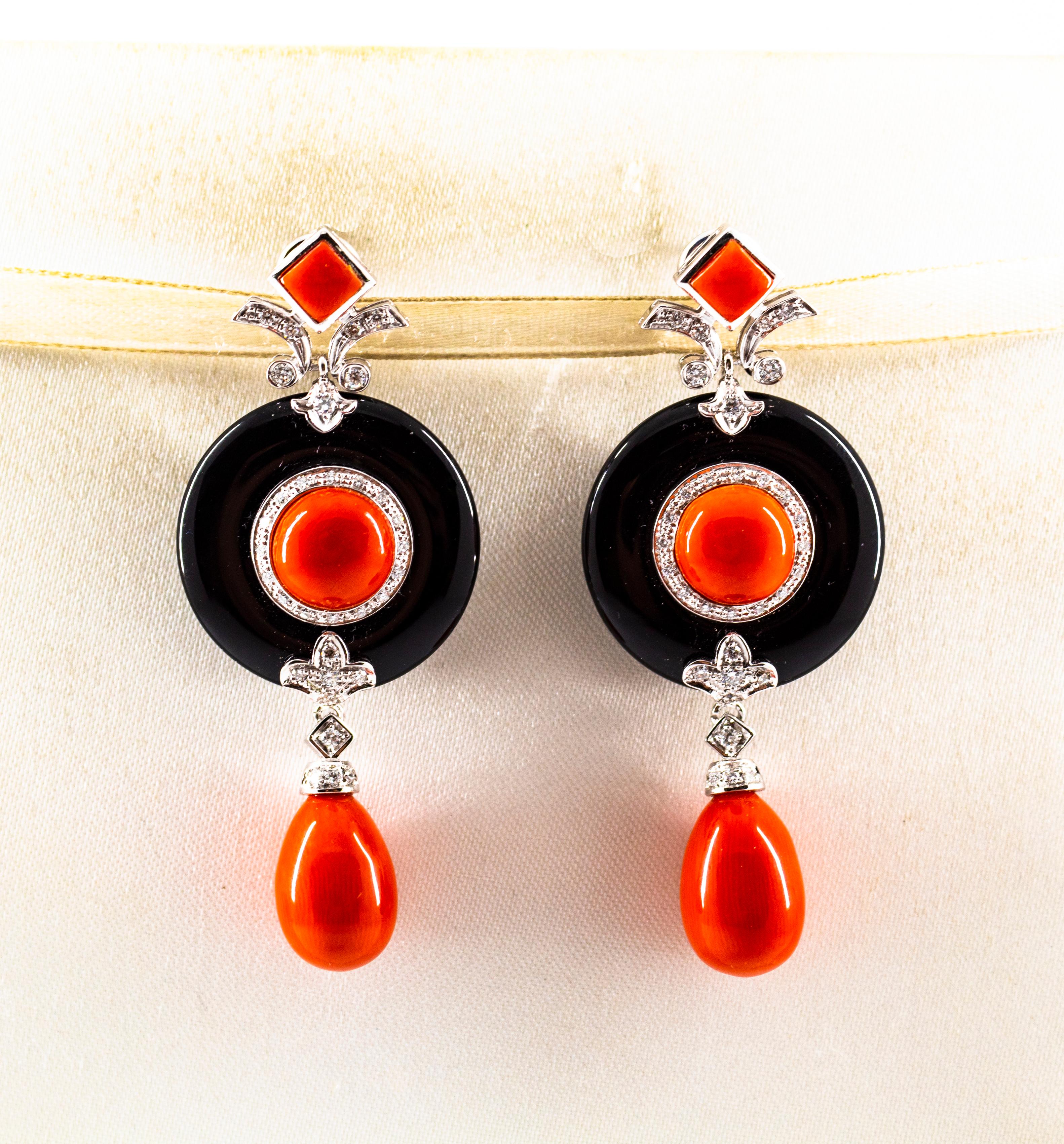 Art Deco Mediterranean Red Coral 0.95 Carat White Diamond Onyx White Gold Drop Earrings For Sale