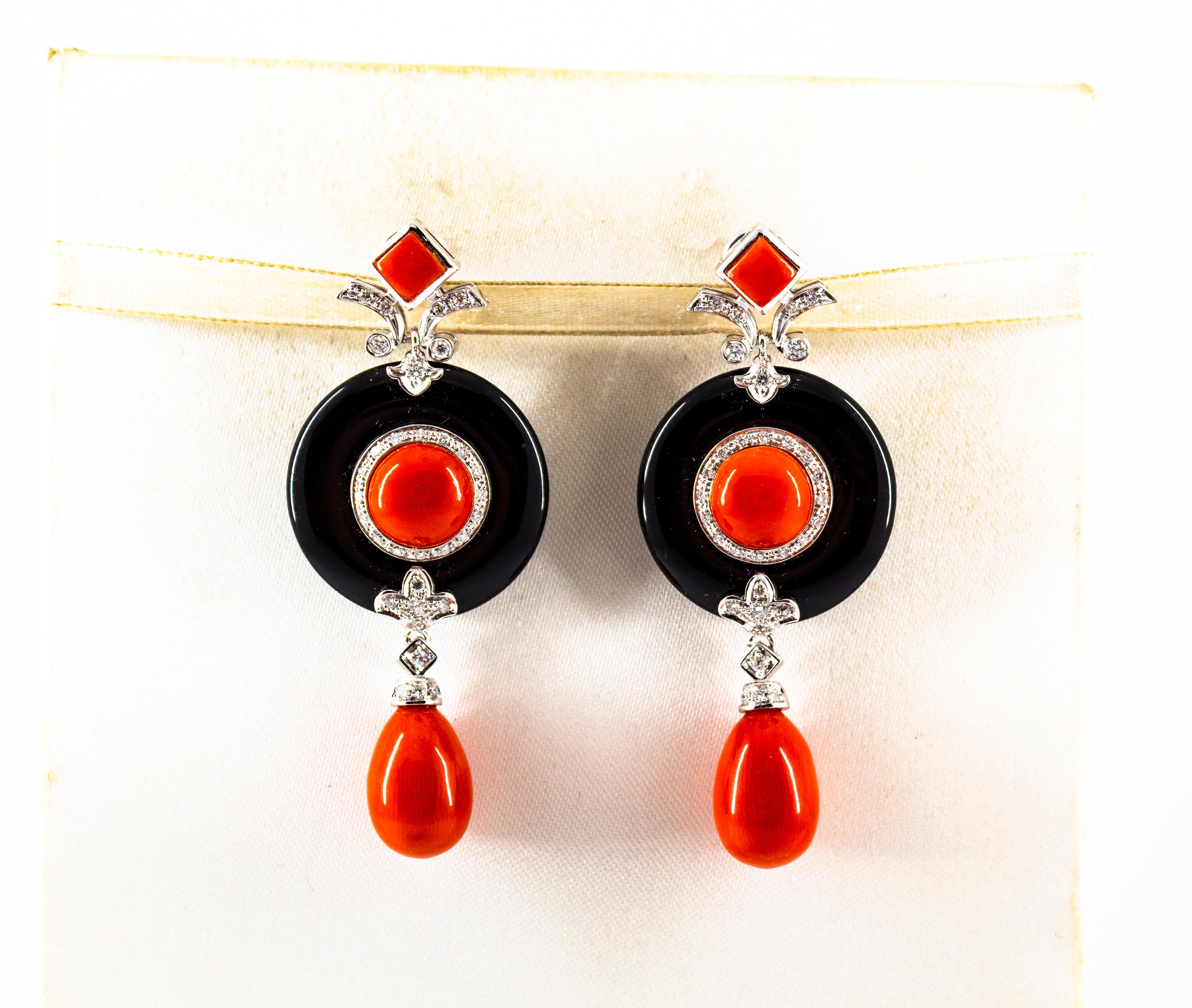 Brilliant Cut Mediterranean Red Coral 0.95 Carat White Diamond Onyx White Gold Drop Earrings For Sale