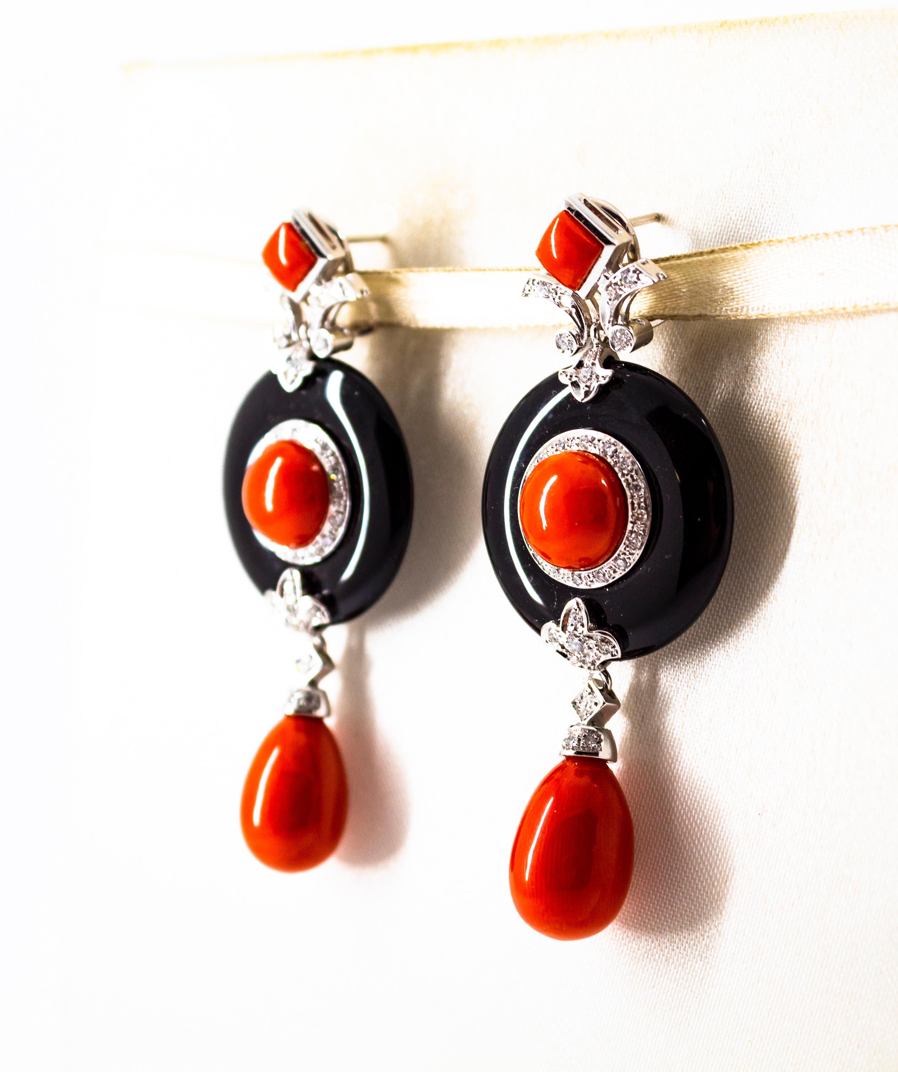 Women's or Men's Mediterranean Red Coral 0.95 Carat White Diamond Onyx White Gold Drop Earrings For Sale