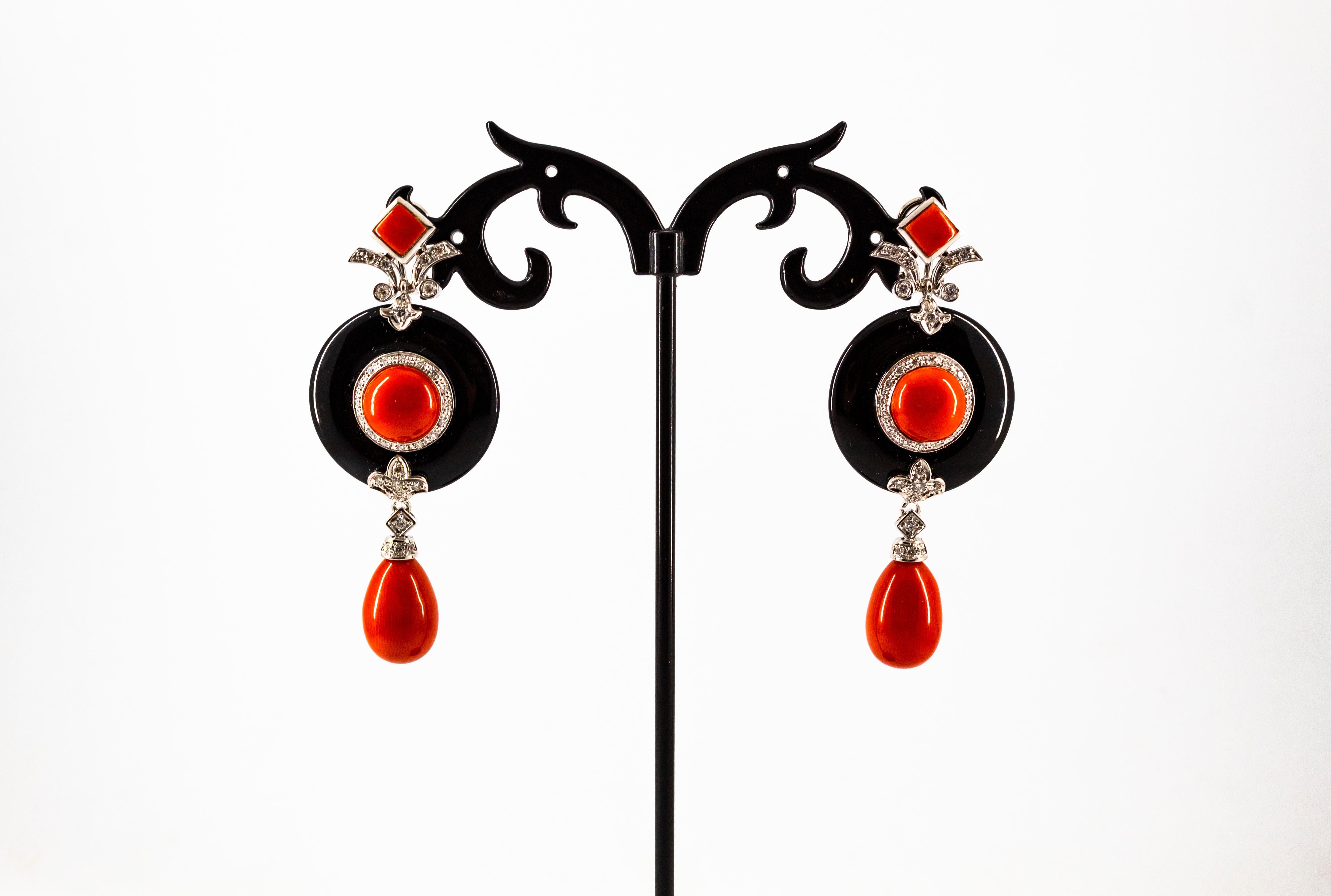 Mediterranean Red Coral 0.95 Carat White Diamond Onyx White Gold Drop Earrings For Sale 1