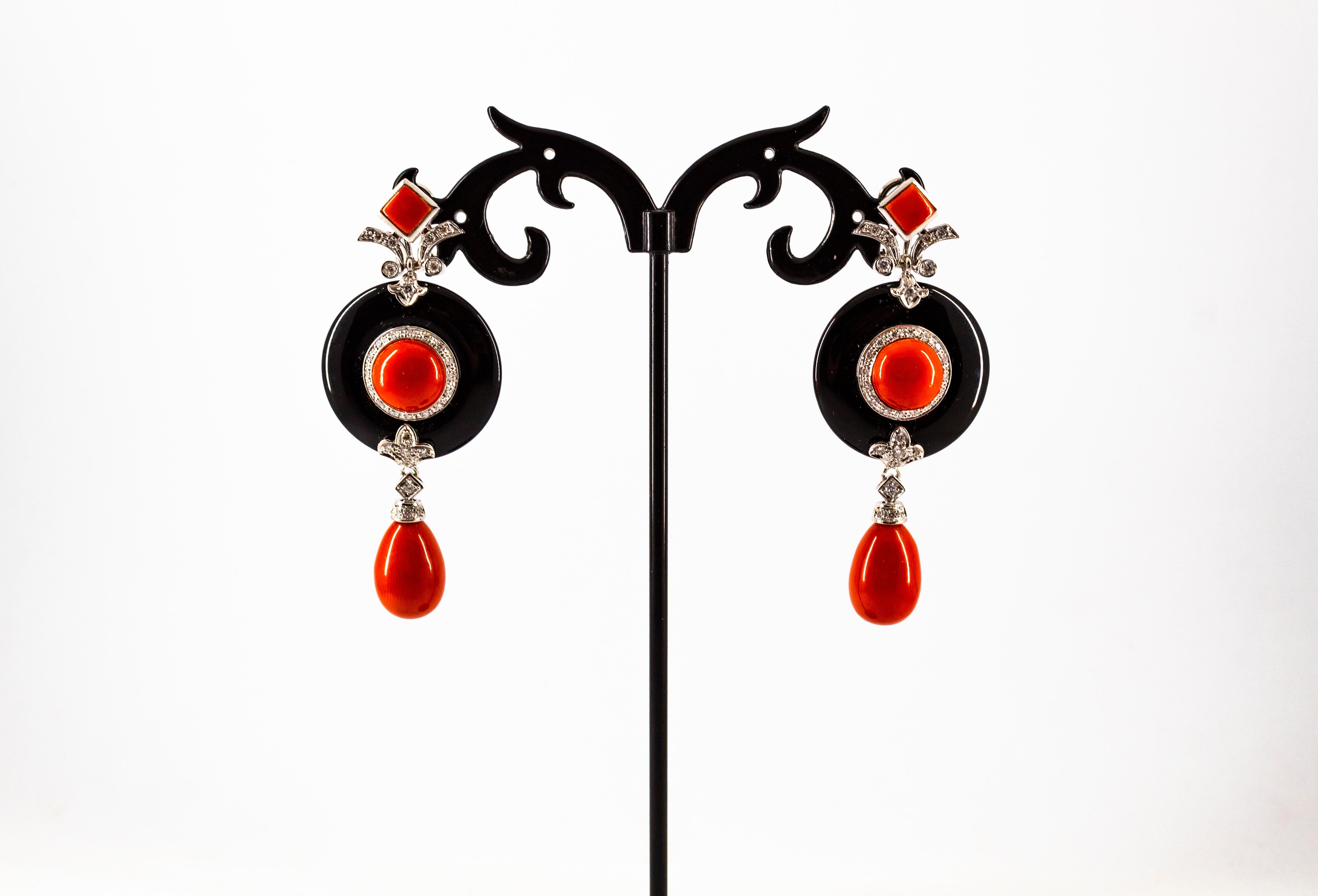 Mediterranean Red Coral 0.95 Carat White Diamond Onyx White Gold Drop Earrings For Sale 2