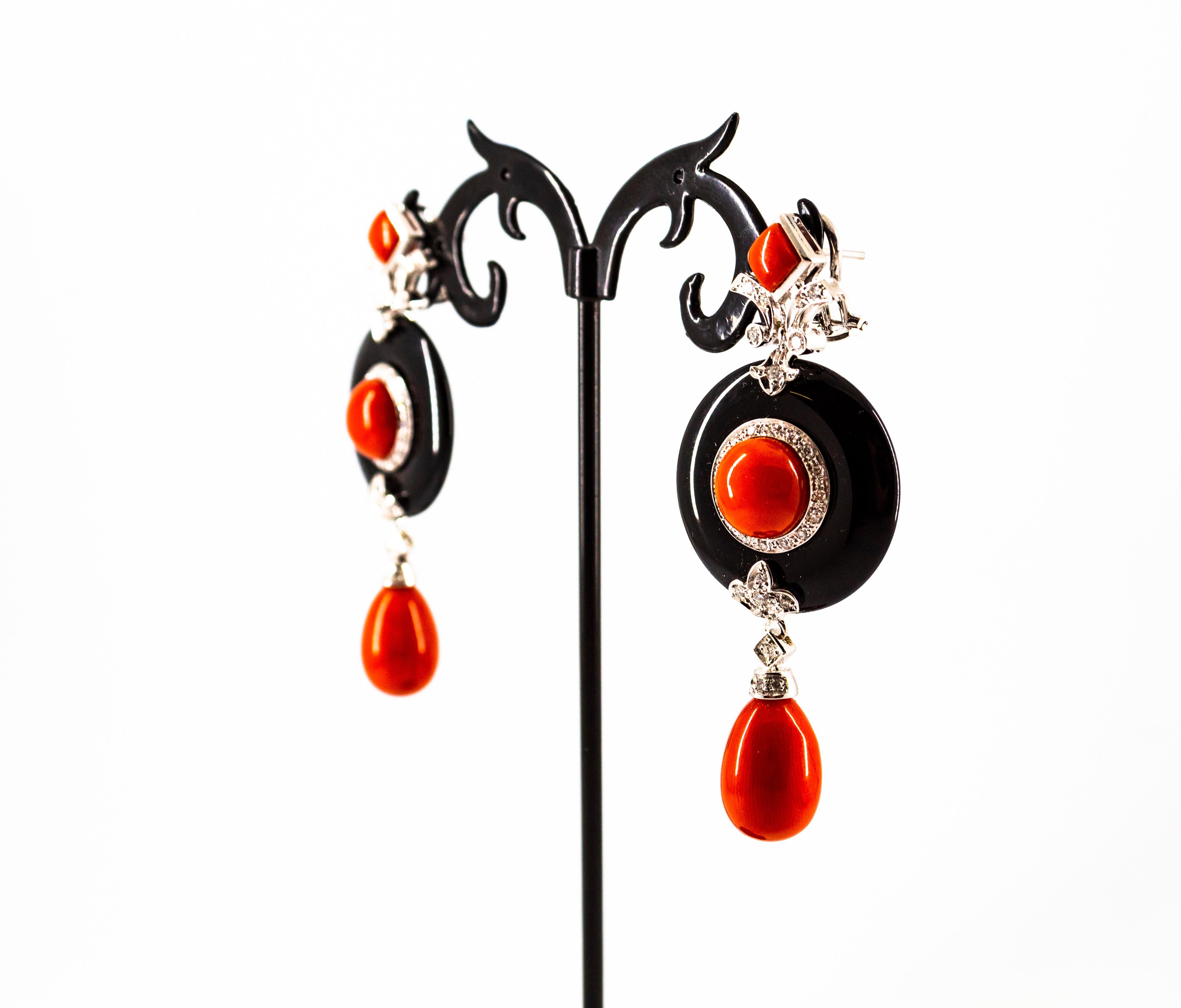 Mediterranean Red Coral 0.95 Carat White Diamond Onyx White Gold Drop Earrings For Sale 3