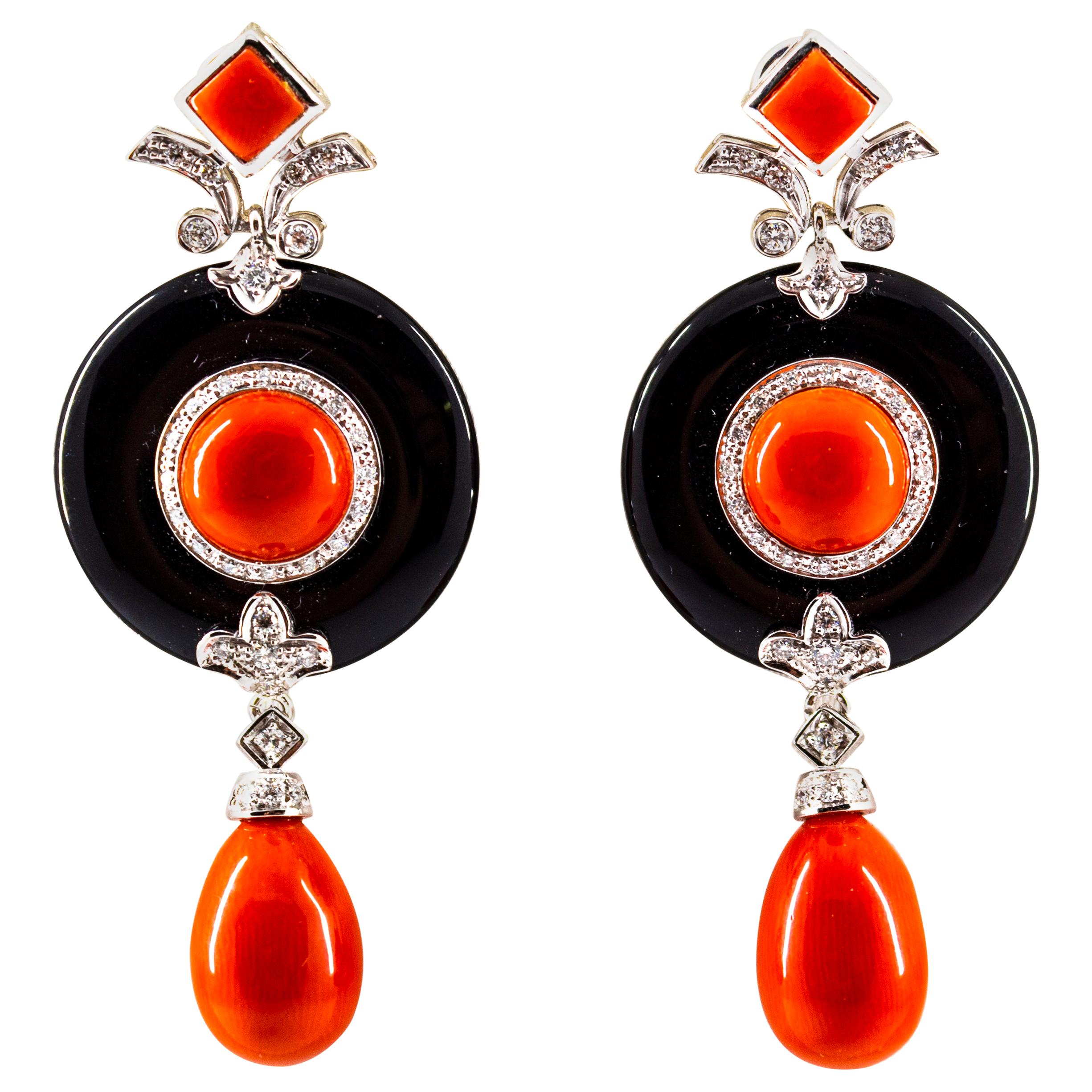 Mediterranean Red Coral 0.95 Carat White Diamond Onyx White Gold Drop Earrings For Sale