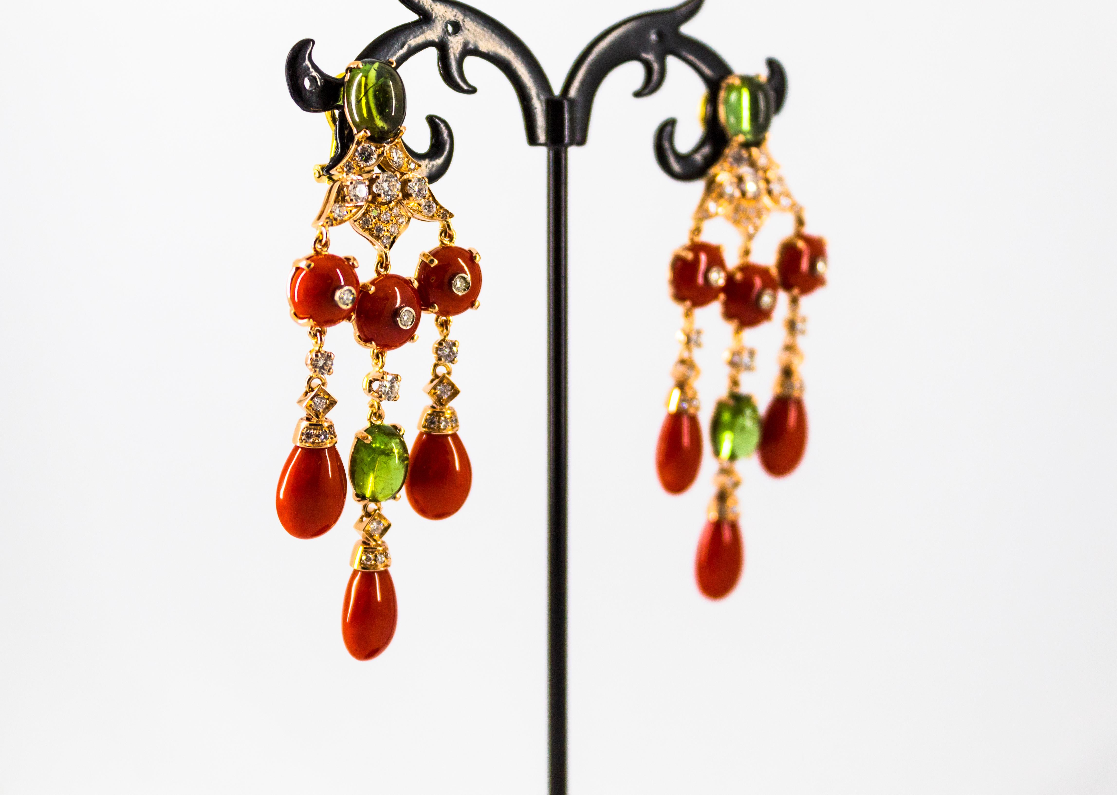 Mediterranean Red Coral 10.60 Carat Diamond Tourmaline Yellow Gold Drop Earrings 6