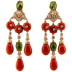 Mediterranean Red Coral 10.60 Carat Diamond Tourmaline Yellow Gold Drop Earrings