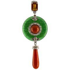 Mediterranean Red Coral 1.08 Carat Sapphire Jadeite Diamond White Gold Pendant