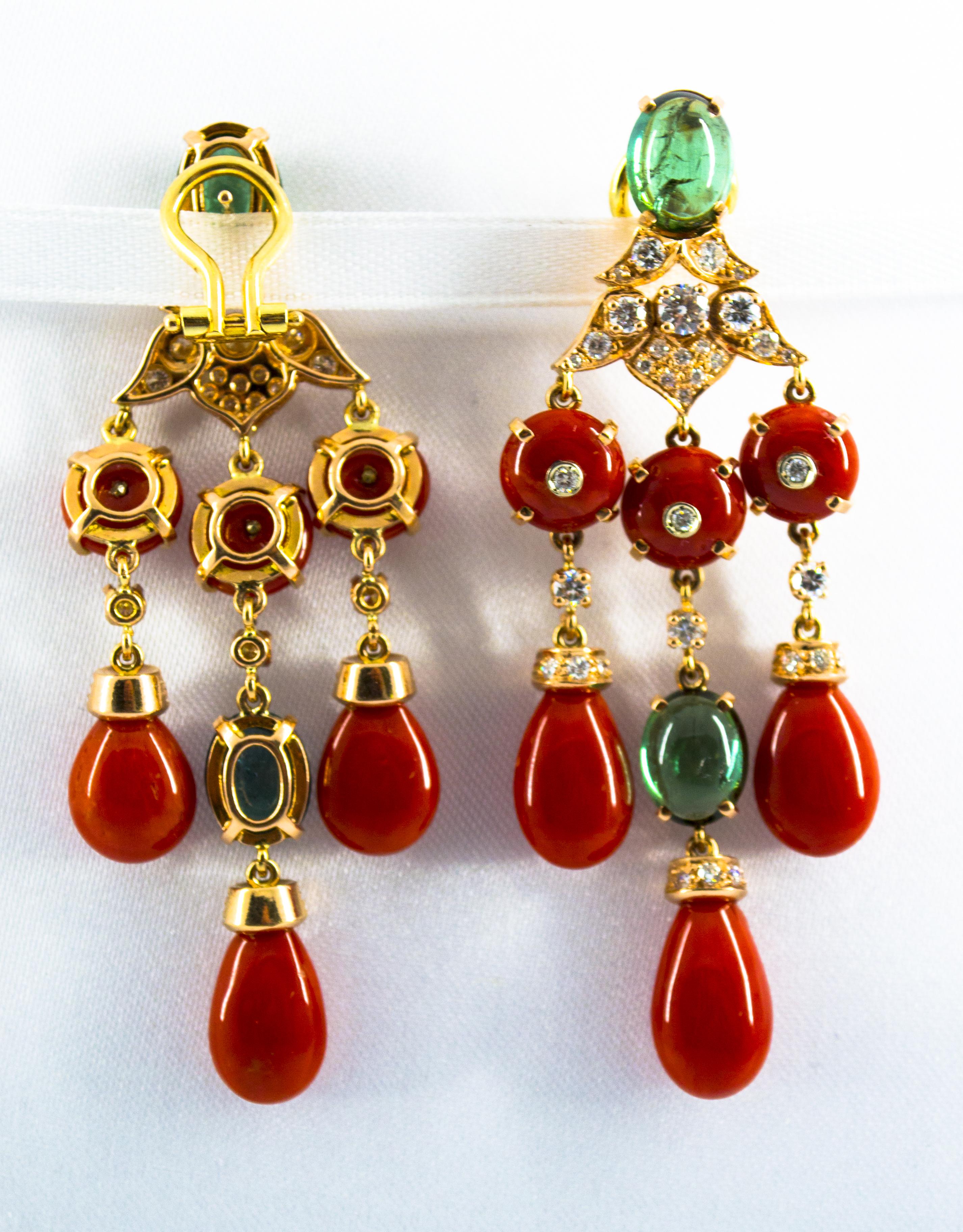 Mediterranean Red Coral 10.40 Carat Diamond Tourmaline Yellow Gold Drop Earrings 5