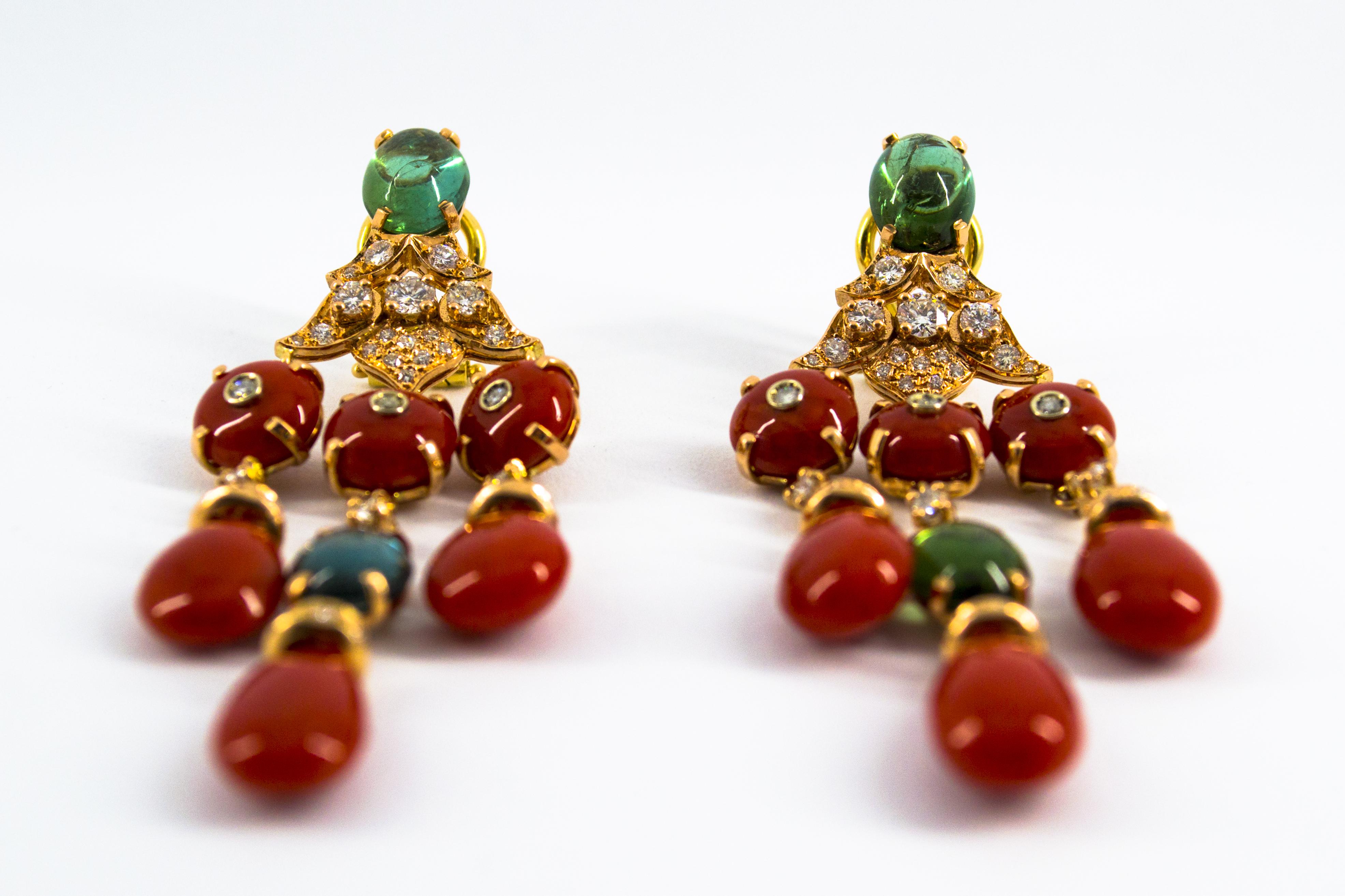 Mediterranean Red Coral 10.40 Carat Diamond Tourmaline Yellow Gold Drop Earrings 8