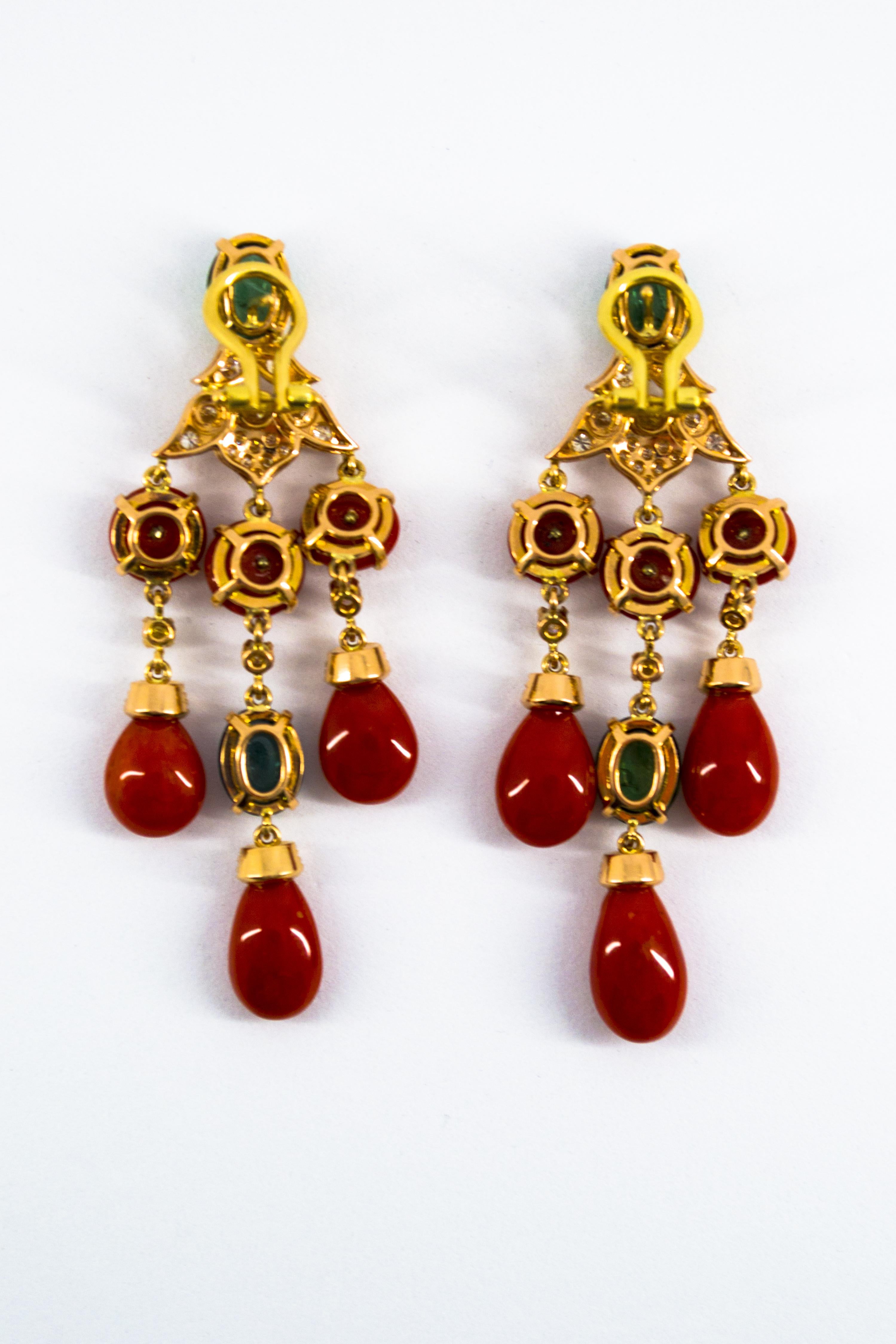 Mediterranean Red Coral 10.40 Carat Diamond Tourmaline Yellow Gold Drop Earrings 11