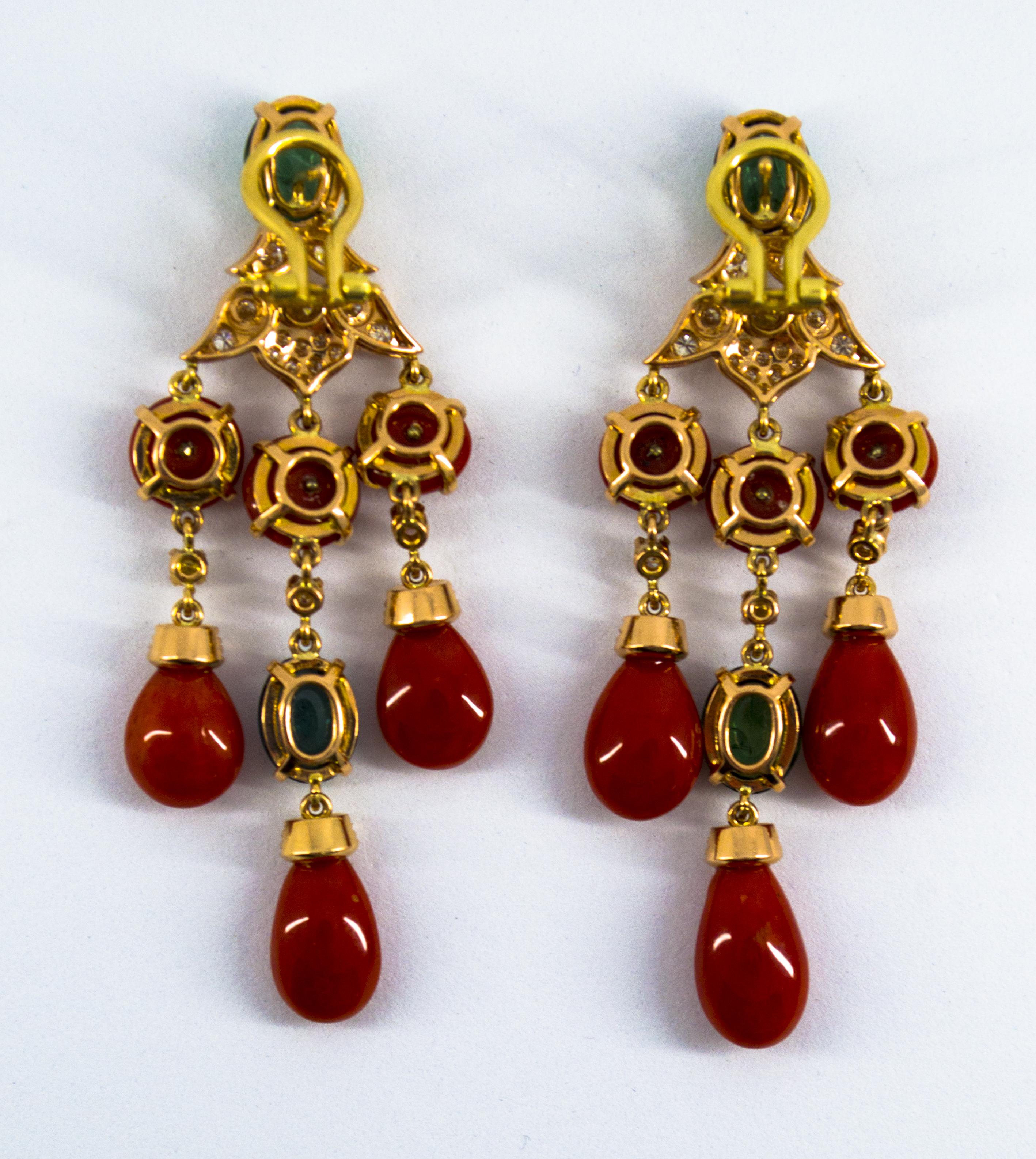 Mediterranean Red Coral 10.40 Carat Diamond Tourmaline Yellow Gold Drop Earrings 12
