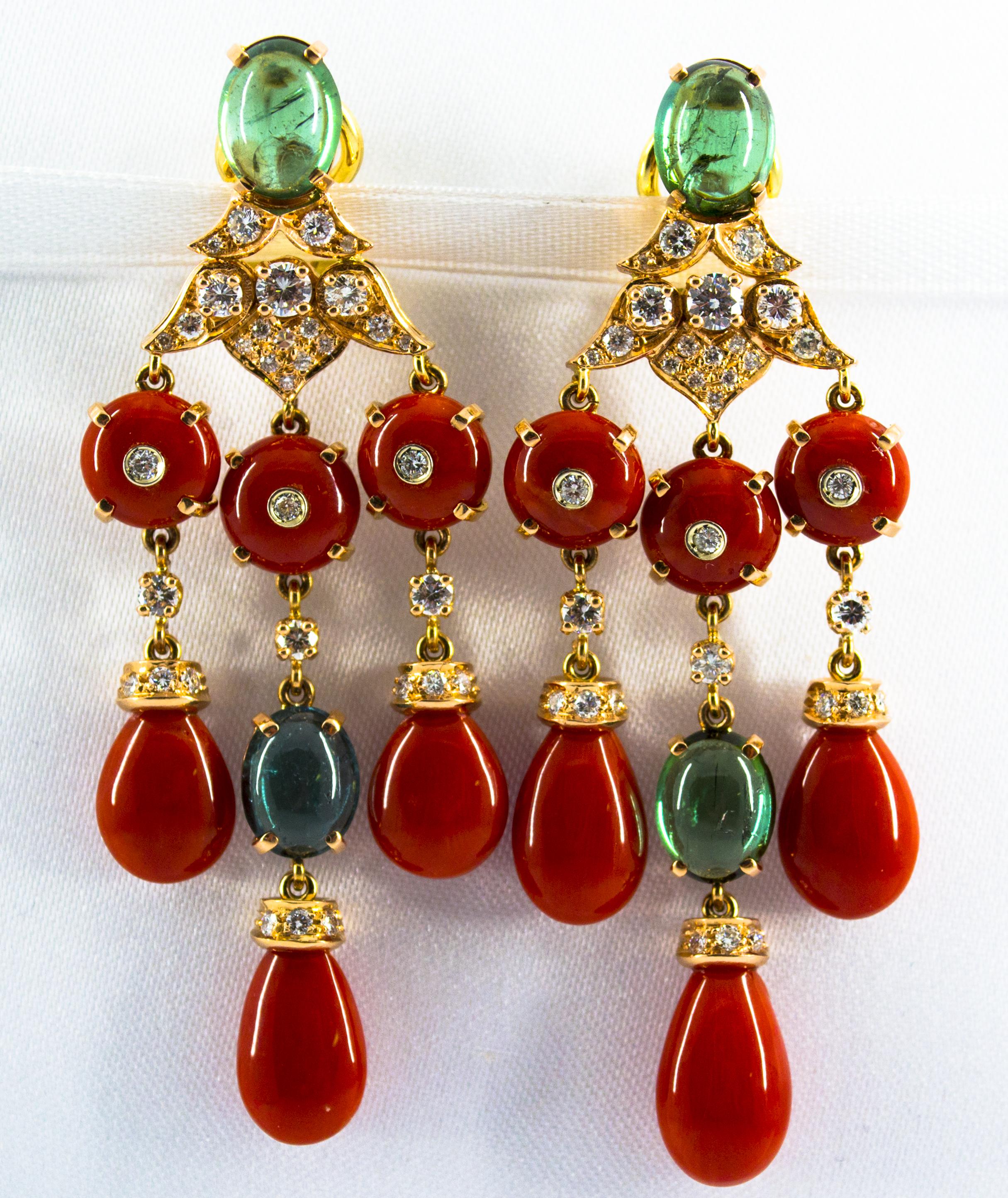 These Clip-On Drop Earrings are made of 14K Yellow Gold.
These Earrings have 1.60 Carats of White Diamonds.
These Earrings have 8.80 Carats of Green Tourmaline.
These Earrings have Mediterranean (Sardinia, Italy) Red Coral.
All our Earrings have