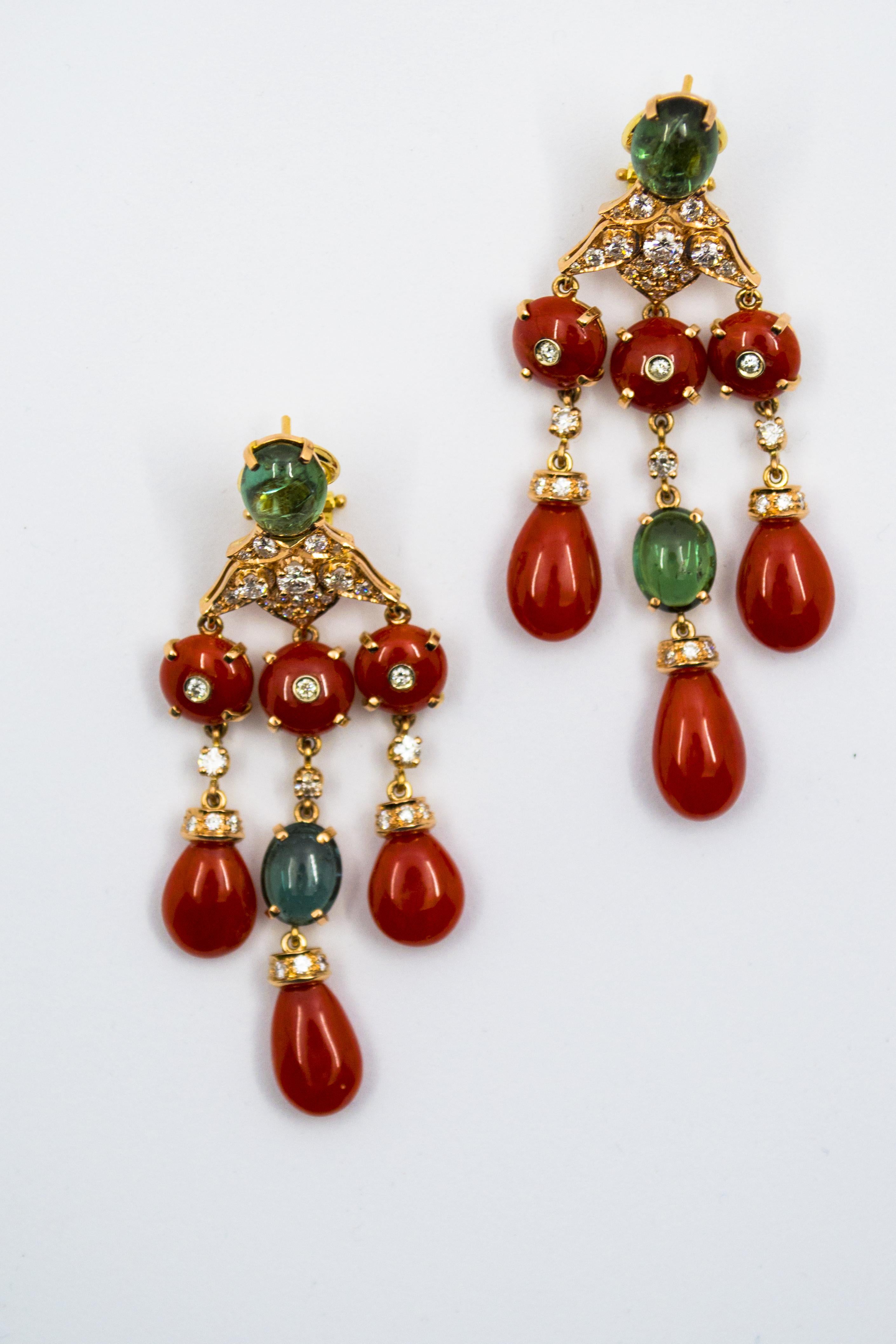 Art Nouveau Mediterranean Red Coral 10.40 Carat Diamond Tourmaline Yellow Gold Drop Earrings