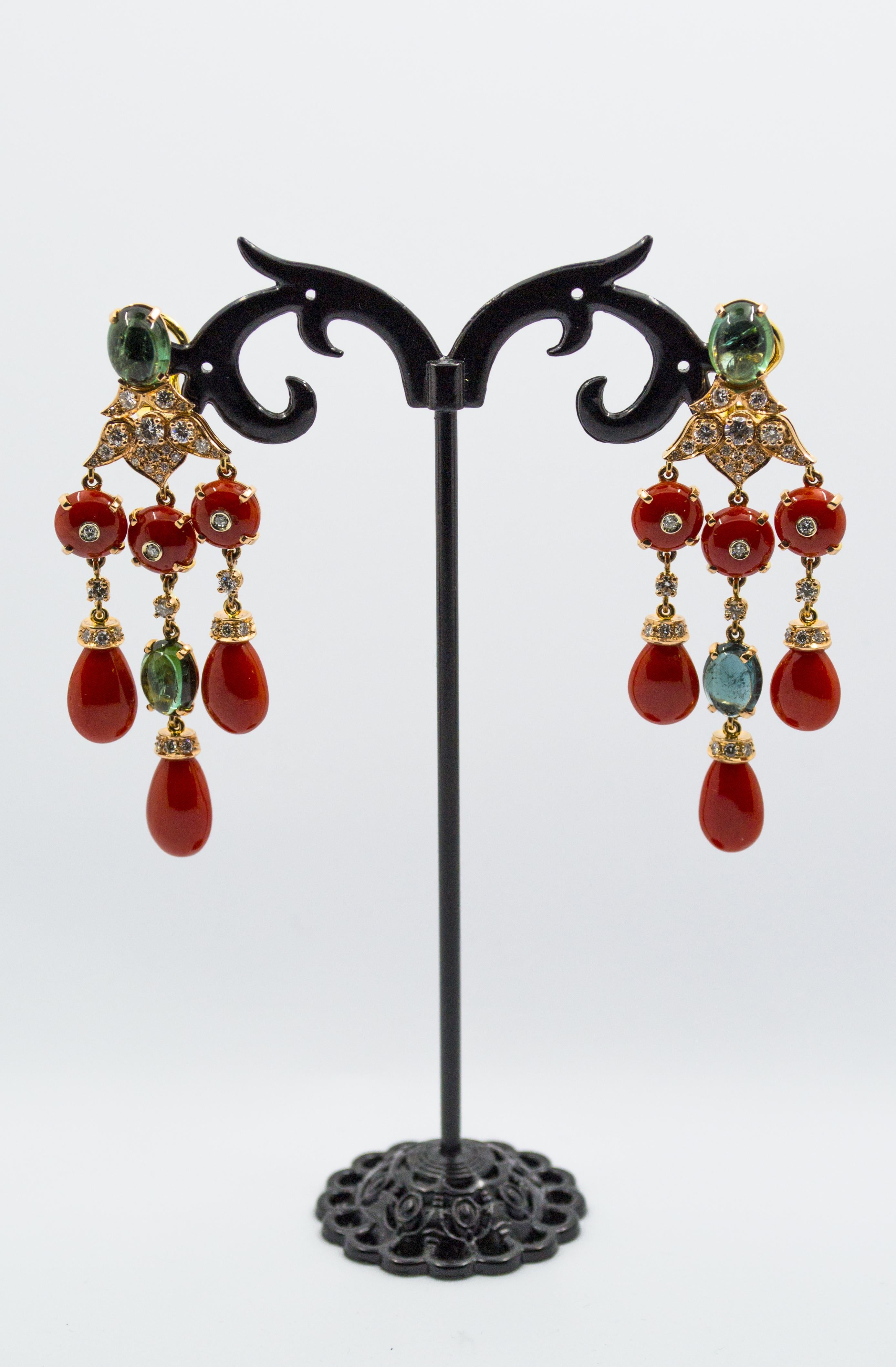 Mediterranean Red Coral 10.40 Carat Diamond Tourmaline Yellow Gold Drop Earrings In New Condition In Naples, IT