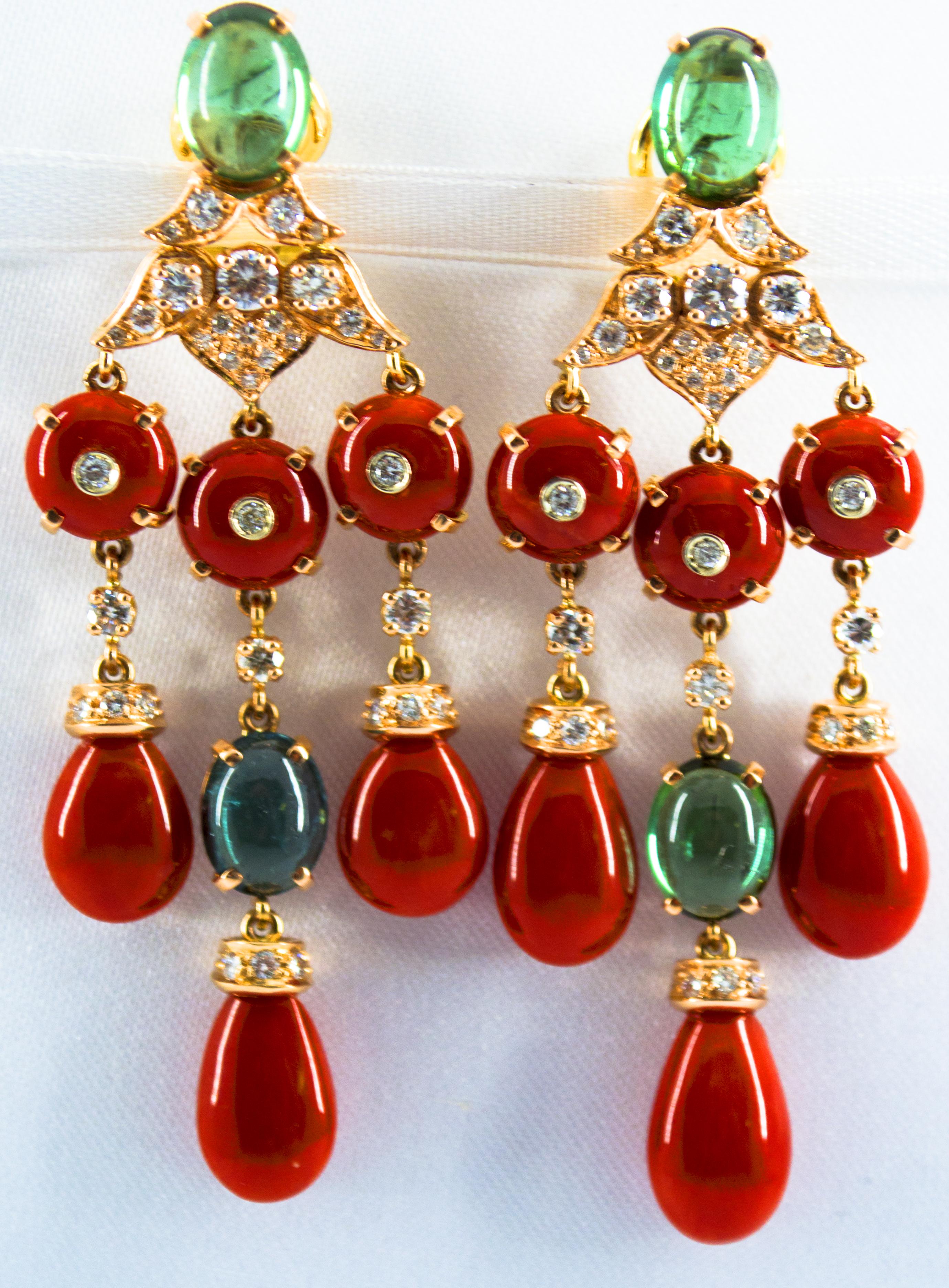 Women's or Men's Mediterranean Red Coral 10.40 Carat Diamond Tourmaline Yellow Gold Drop Earrings