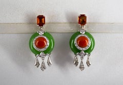 Mediterranean Red Coral 2.10 Carat Sapphire Jade Diamond White Gold Earrings