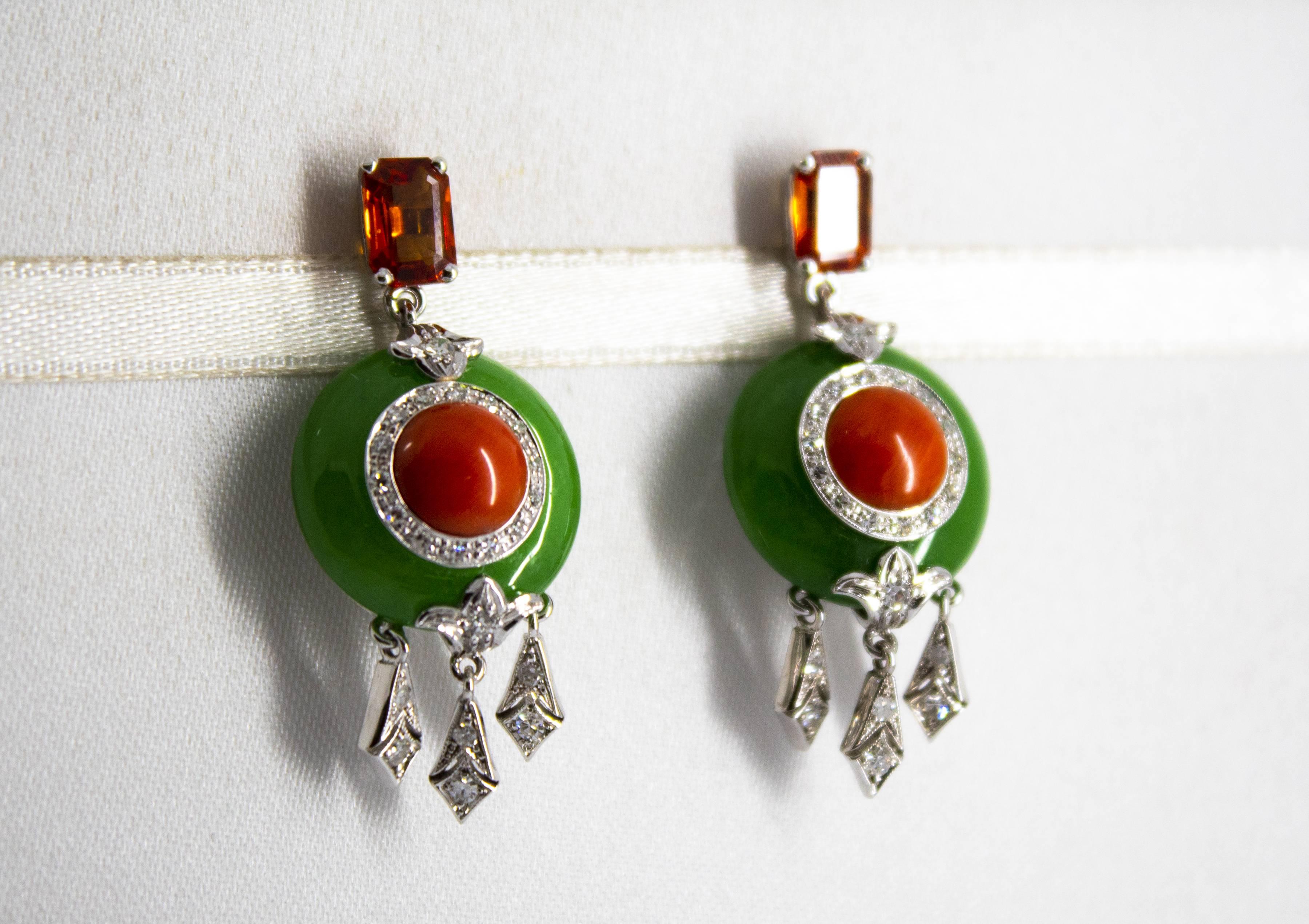 Femenino o masculino Pendientes Coral Rojo Mediterráneo 2,10 Quilates Zafiro Jade Diamante Oro Blanco en venta