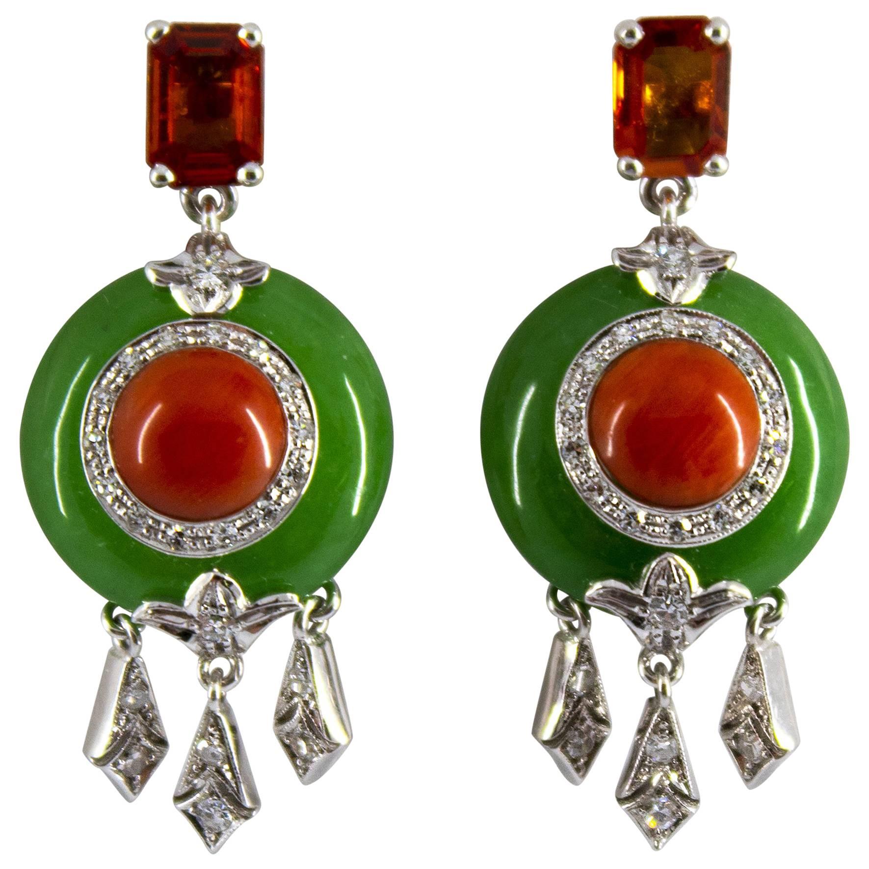 Mediterranean Red Coral 2.10 Carat Sapphire Jade Diamond White Gold Earrings For Sale