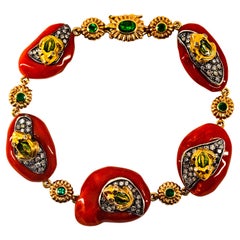 Mediterranean Red Coral 2.10 Carat White Diamond Emerald Yellow Gold Bracelet