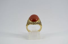 Mediterranean Red Coral 2.20 Carat White and Black Diamond Yellow Gold Ring