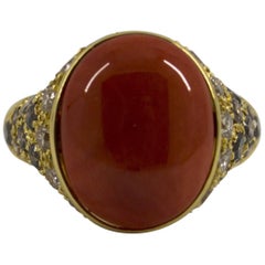 Mediterranean Red Coral 2.20 Carat White and Black Diamond Yellow Gold Ring