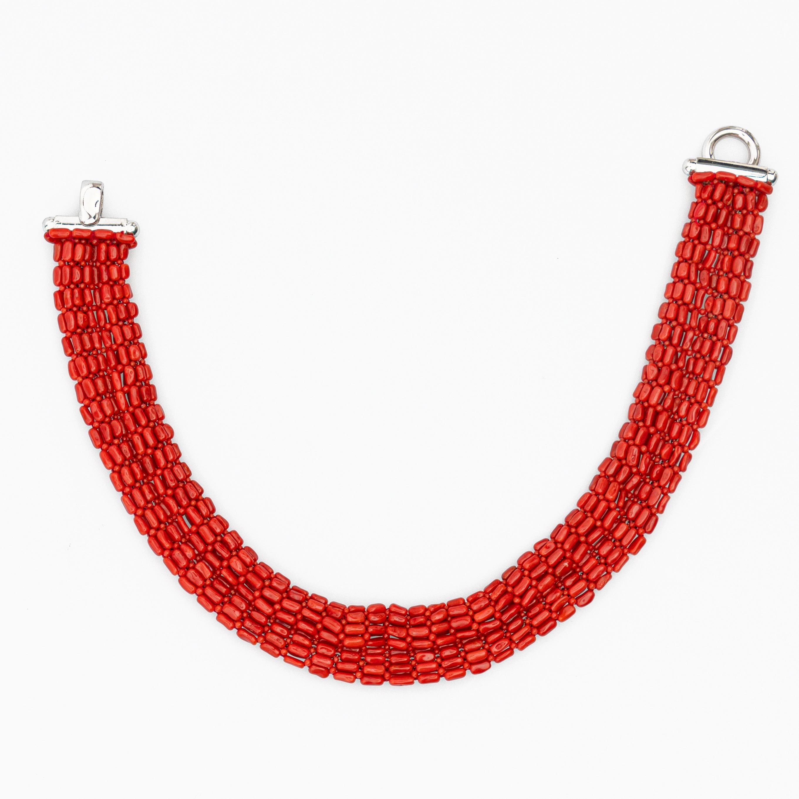 Art Deco Mediterranean Red Coral 925 Silver Woven Tube Round Beads Choker Necklace For Sale