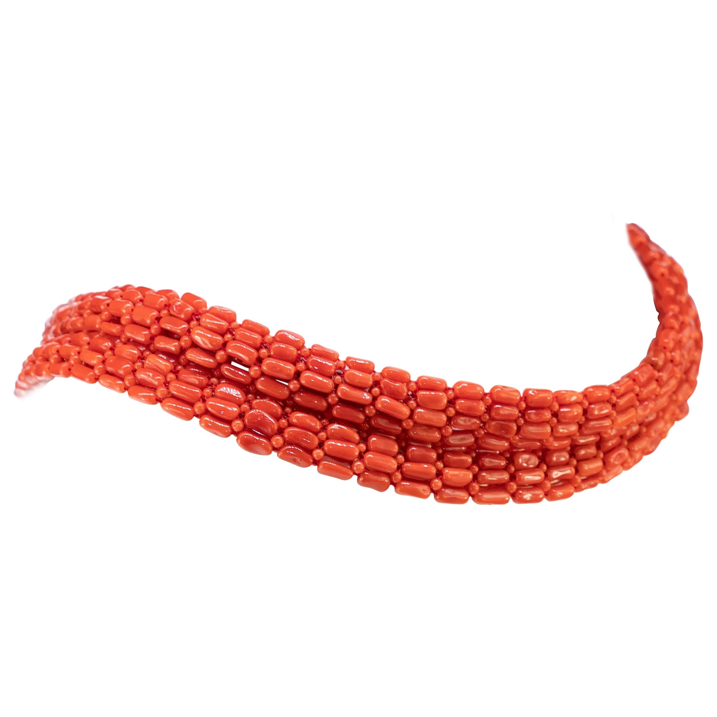 Mediterranean Red Coral 925 Silver Woven Tube Round Beads Choker Necklace For Sale