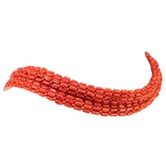 Mediterranean Red Coral 925 Silver Woven Tube Round Beads Choker Necklace