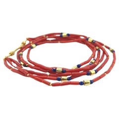 Mediterranean Red Coral and Lapis Beaded Necklace with 18k Yellow Gold Accents