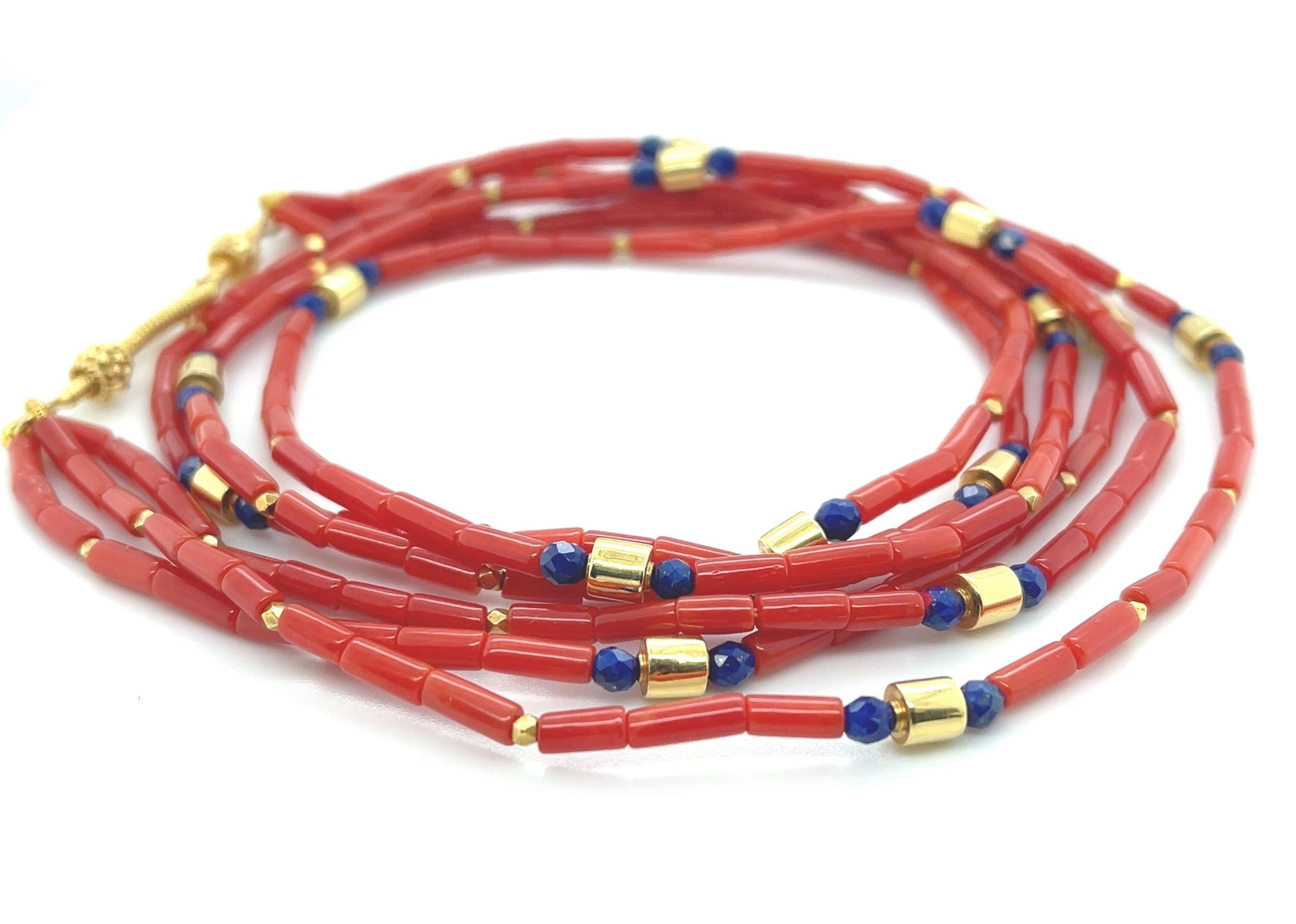 Artisan Mediterranean Red Coral and Lapis Beaded Necklace with 18k Yellow Gold Accents For Sale