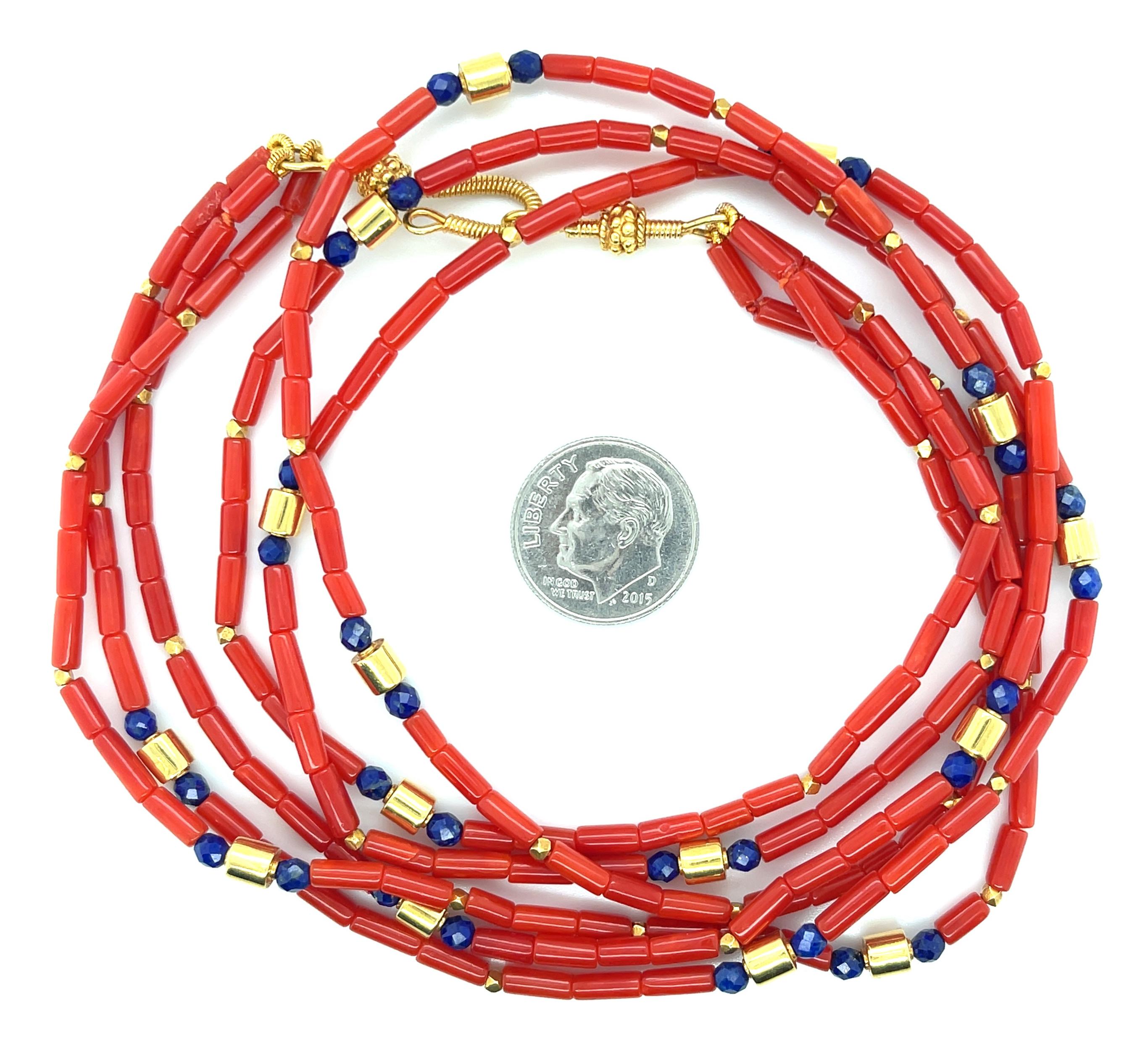 Mediterranean Red Coral and Lapis Beaded Necklace with 18k Yellow Gold Accents In New Condition For Sale In Los Angeles, CA
