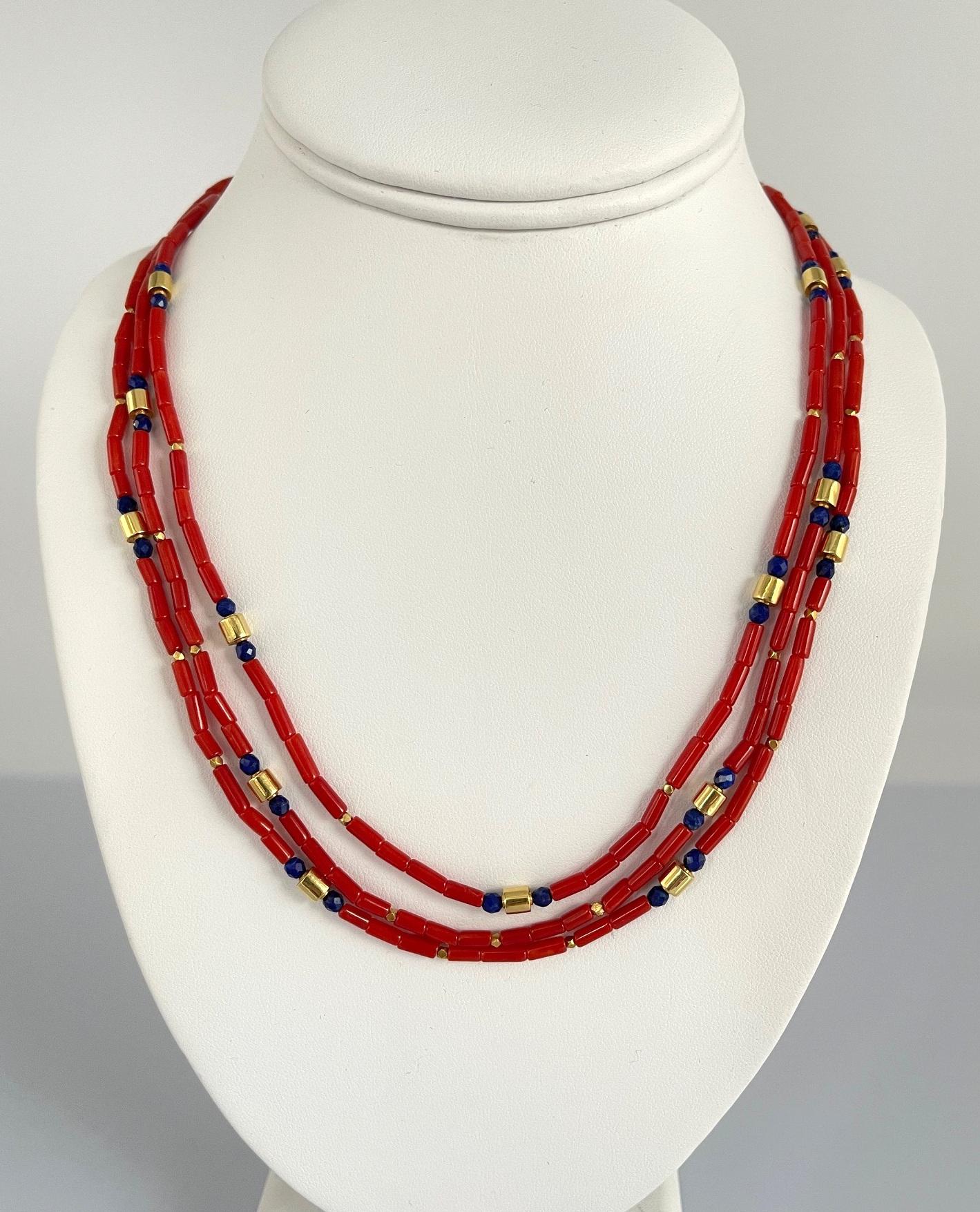 Mediterranean Red Coral and Lapis Beaded Necklace with 18k Yellow Gold Accents For Sale 4
