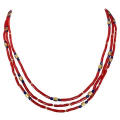 Mediterranean Red Coral and Lapis Beaded Necklace with 18k Yellow Gold Accents