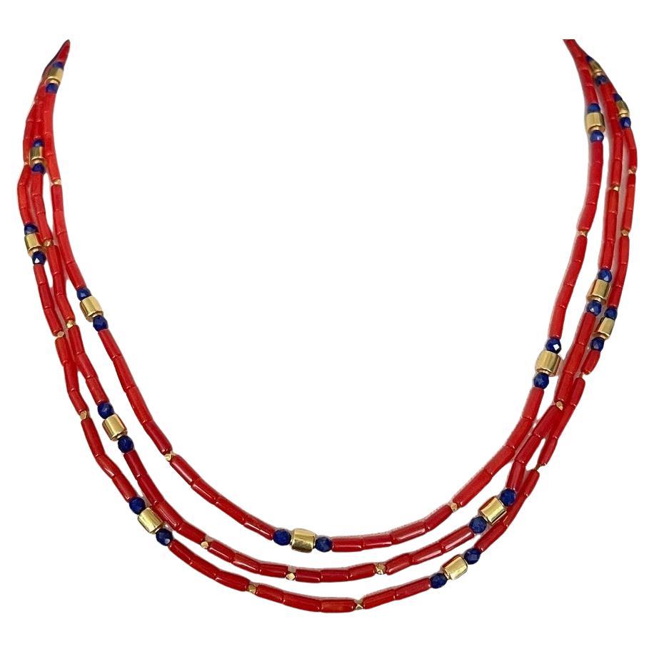 Mediterranean Red Coral and Lapis Beaded Necklace with 18k Yellow Gold Accents For Sale