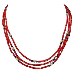 Mediterranean Red Coral and Lapis Beaded Necklace with 18k Yellow Gold Accents