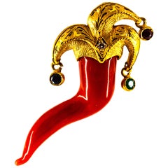 Vintage Mediterranean Red Coral Blue Sapphire Ruby Emerald Yellow Gold "Jolly" Pendant