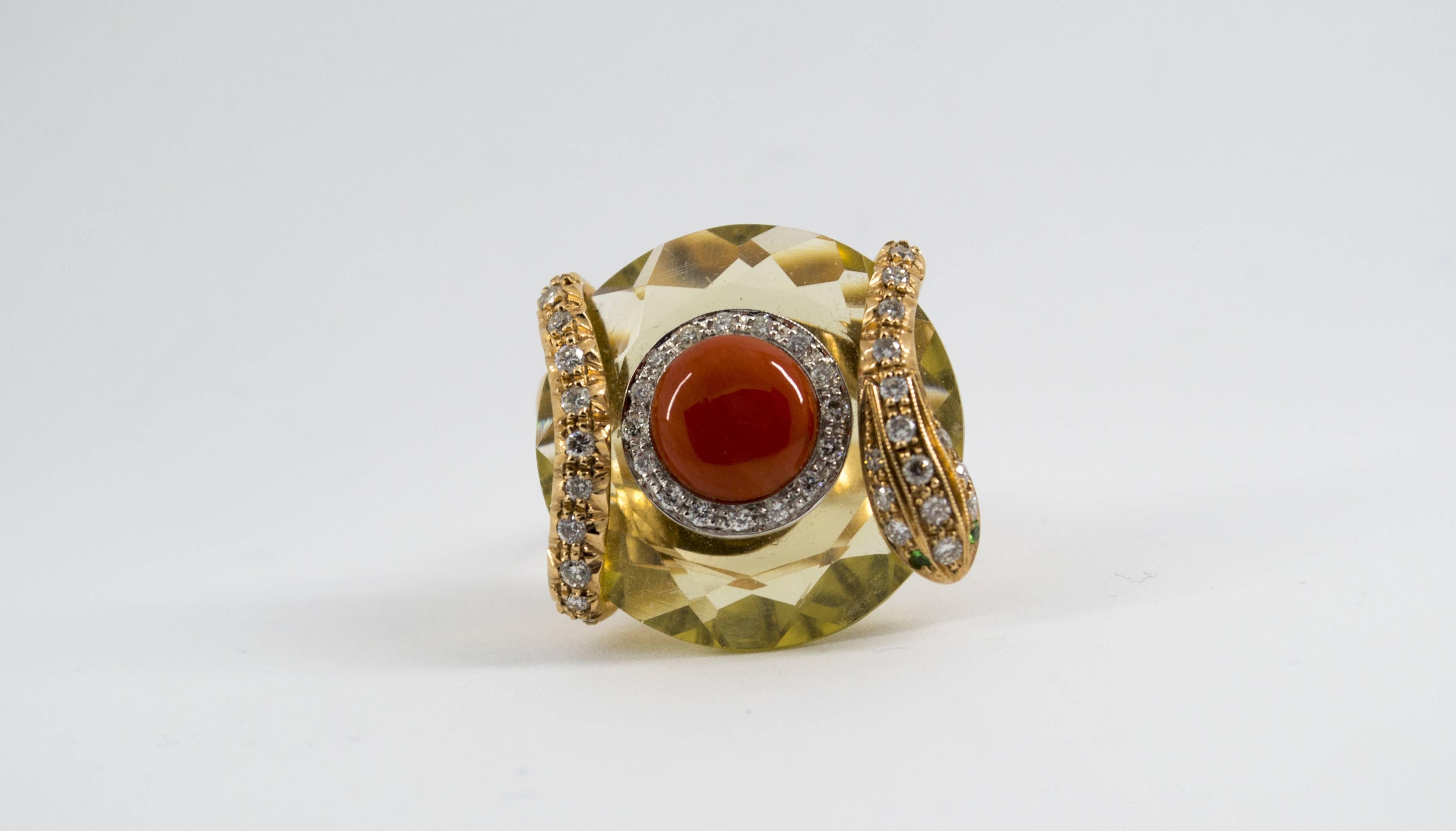 This Ring is made of 14K Yellow Gold.
This Ring has 0.60 Carats of Diamonds.
This Ring has a Red Mediterranean (Sardinia, Italy) Coral and a Citrine.
This Ring is inspired by Renaissance Style.
Size ITA: 14 USA: 7
We're a workshop so every piece is