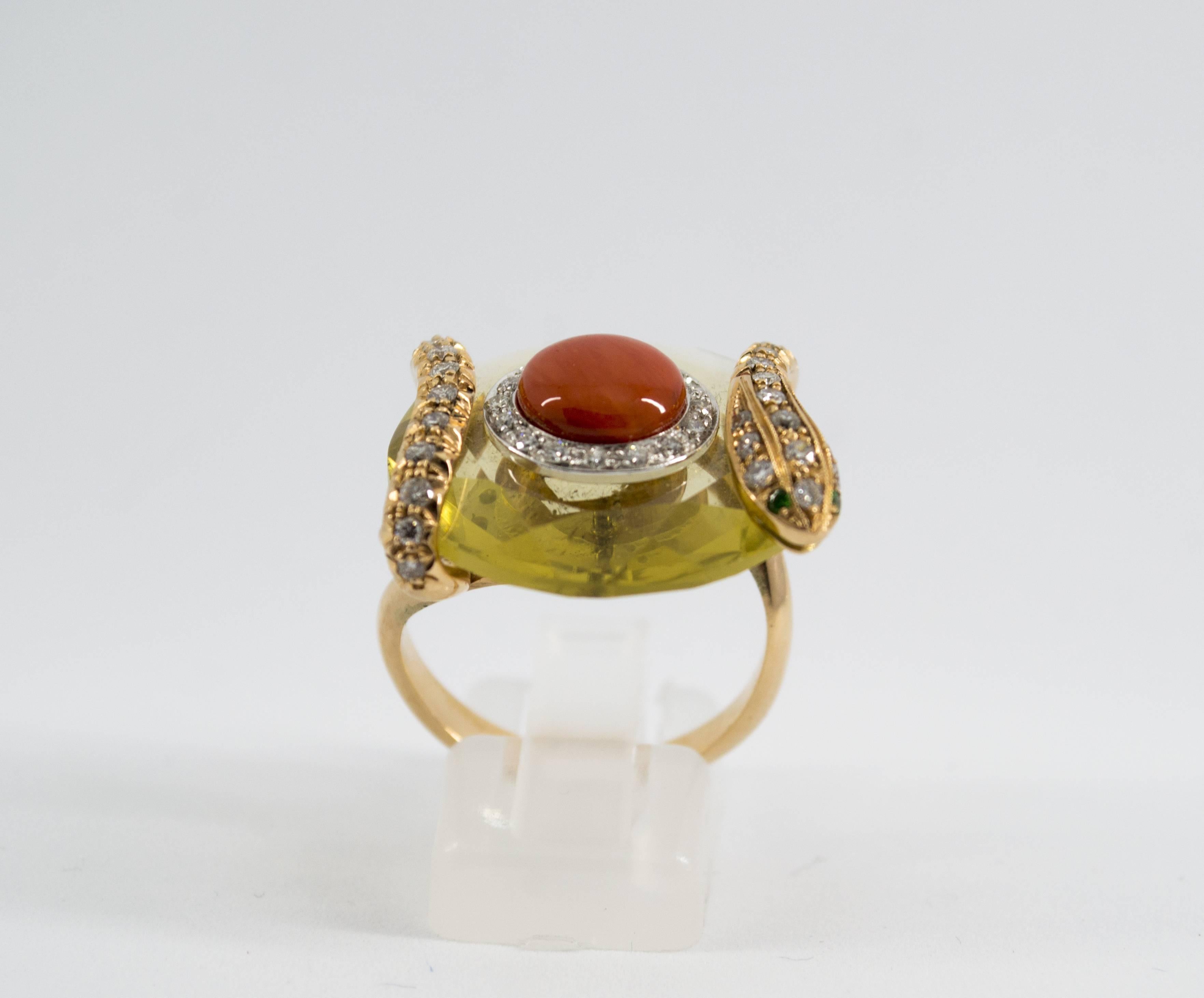 Art Nouveau Mediterranean Red Coral Citrine 0.60 Diamond Yellow Gold Cocktail Ring