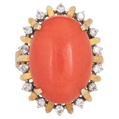Mediterranean Red Coral Diamond Ring 60s Vintage 14k Yellow Gold Cocktail