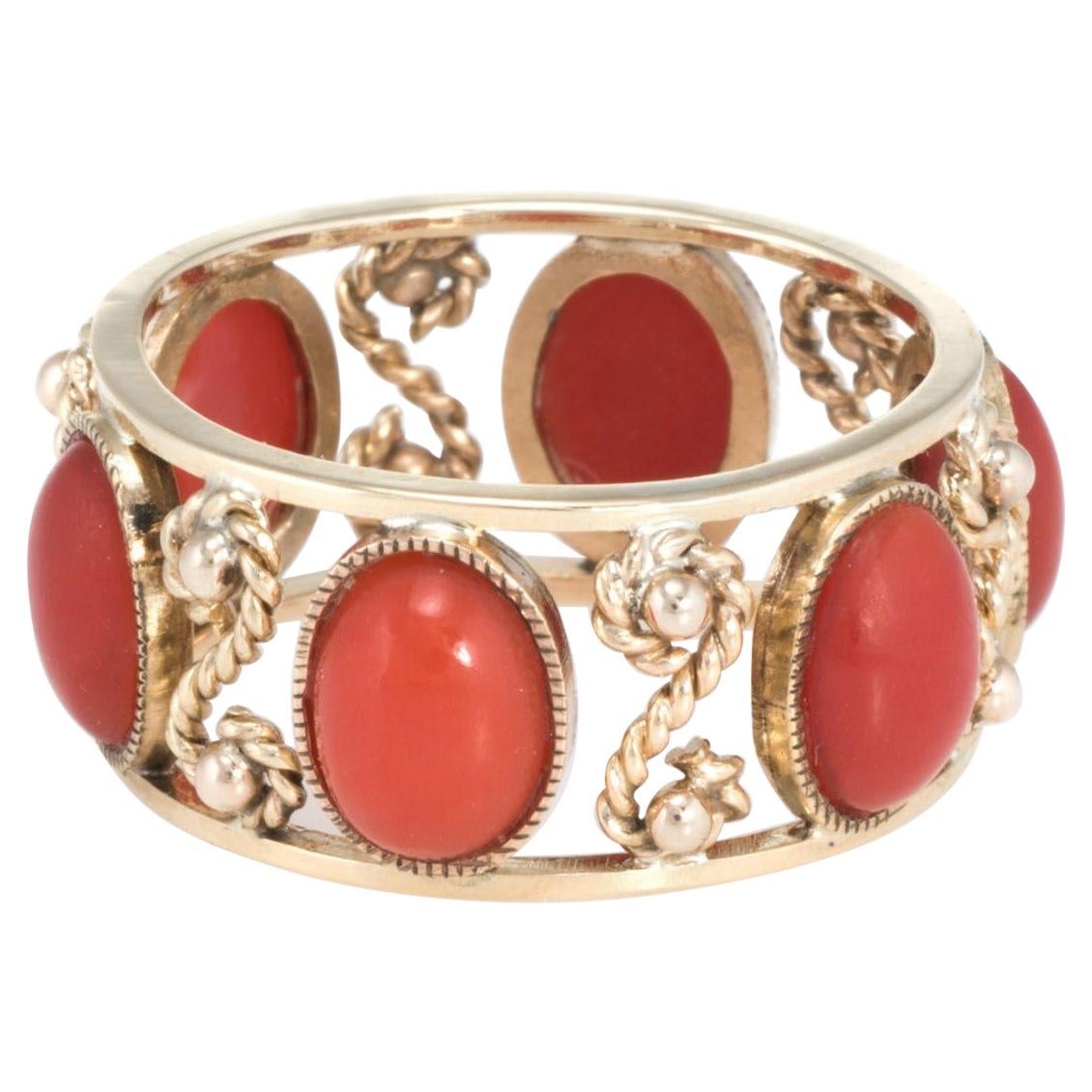 Mediterraner roter Koralle Ewigkeitsring Vintage 14k Gelbgold Nachlass fein