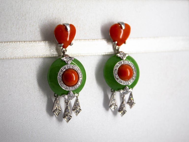 Mediterranean Red Coral Jade 0.30 Carat White Diamond White Gold Stud