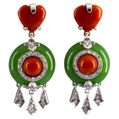 Mediterranean Red Coral Jade 0.30 Carat White Diamond White Gold Stud Earrings