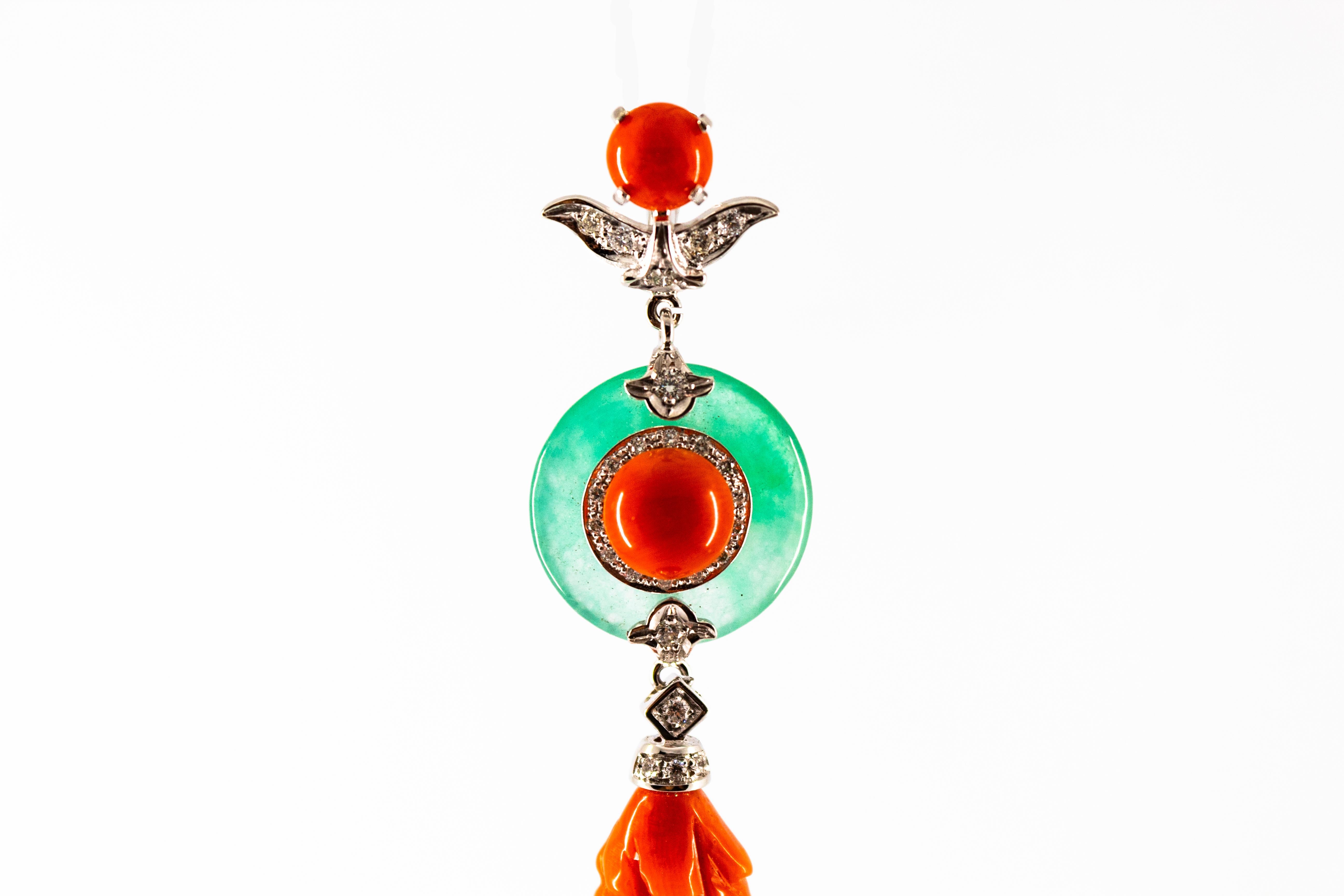Mediterranean Red Coral Jade 0.32 Carat White Diamond White Gold Pendant In New Condition For Sale In Naples, IT